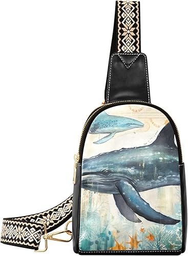 Sling Backpack Whale Vintage Sling Bag for Women Crossbody Shoulder Bag Leather Fanny Pack Chest Bag for Travel Hiking 202A1814