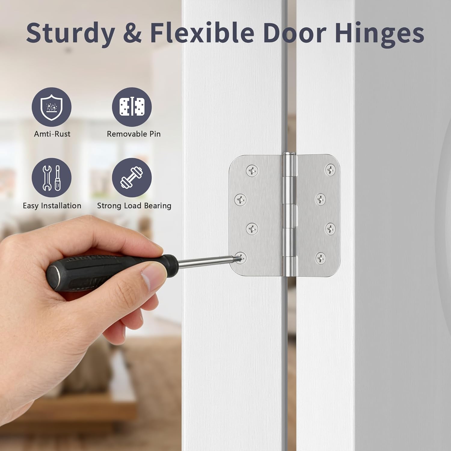 3 Pack Door Hinges 4 Inch, Brushed Nickel Hinges with 5/8" Radius & Square Corners, Removable Pin, Exterior Door Hinges Perfect for Heavy-Duty Front & Back Door, Anti-Rust & No Squeaks