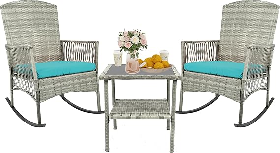 3 Piece Patio Conversation Set, Outdoor Rocking Chairs Set of 2, Wicker Furniture Set with Glass Top Coffee Table and Cushions for Porch Garden Backyard Lawn (Grey Rattan, Blue Cushion)