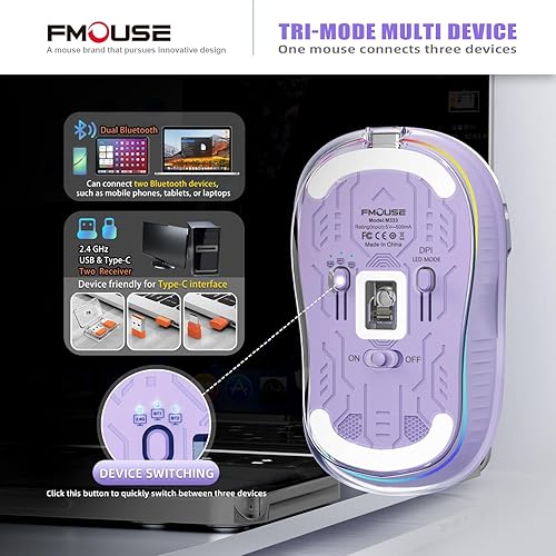 Miniatura 3 de Impresionante mouse inalámbrico transparente, Bluetooth dual y 2.4 GHz para múltiples dispositivos, receptor USB-C ideal para MacBookportátiles,