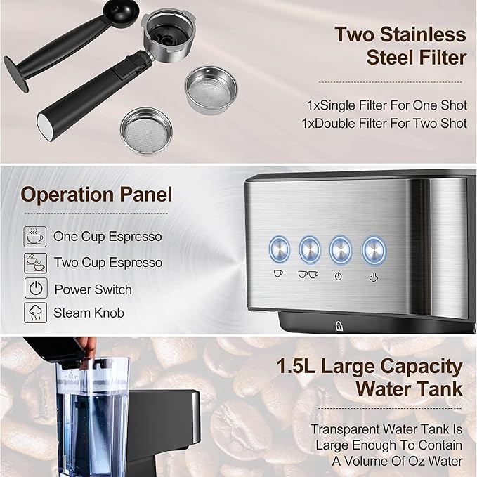 Cafetera Semiautomática 15 Bar y 1050W con Espumador de Leche y Tanque de 1.5L miniatura 7