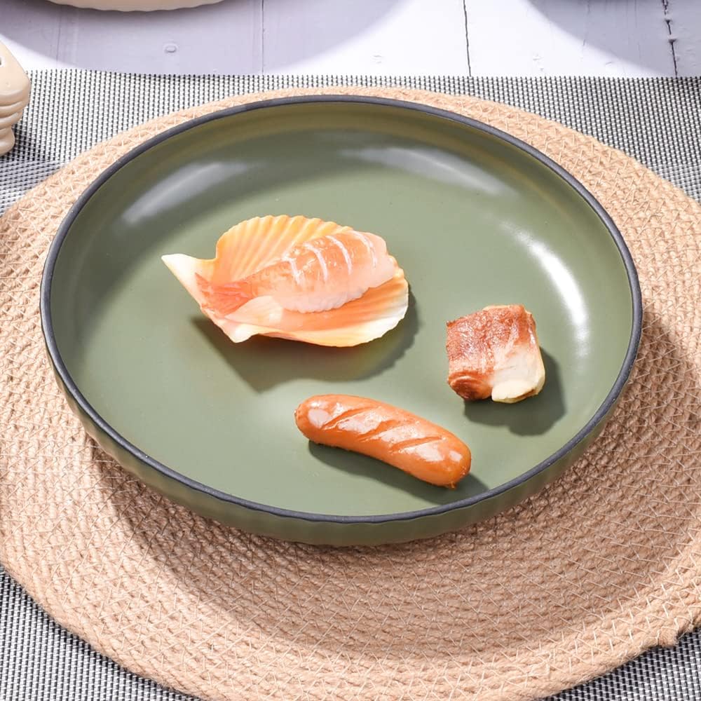Olive Green Ceramic Dinner Plate Set of 4, 8" Modern Deep Salad Plates, 1.37" High Rim Porcelain Pasta Bowls for Appetizers & Dessert, Stackable & Space-Saving, Microwave & Dishwasher Safe