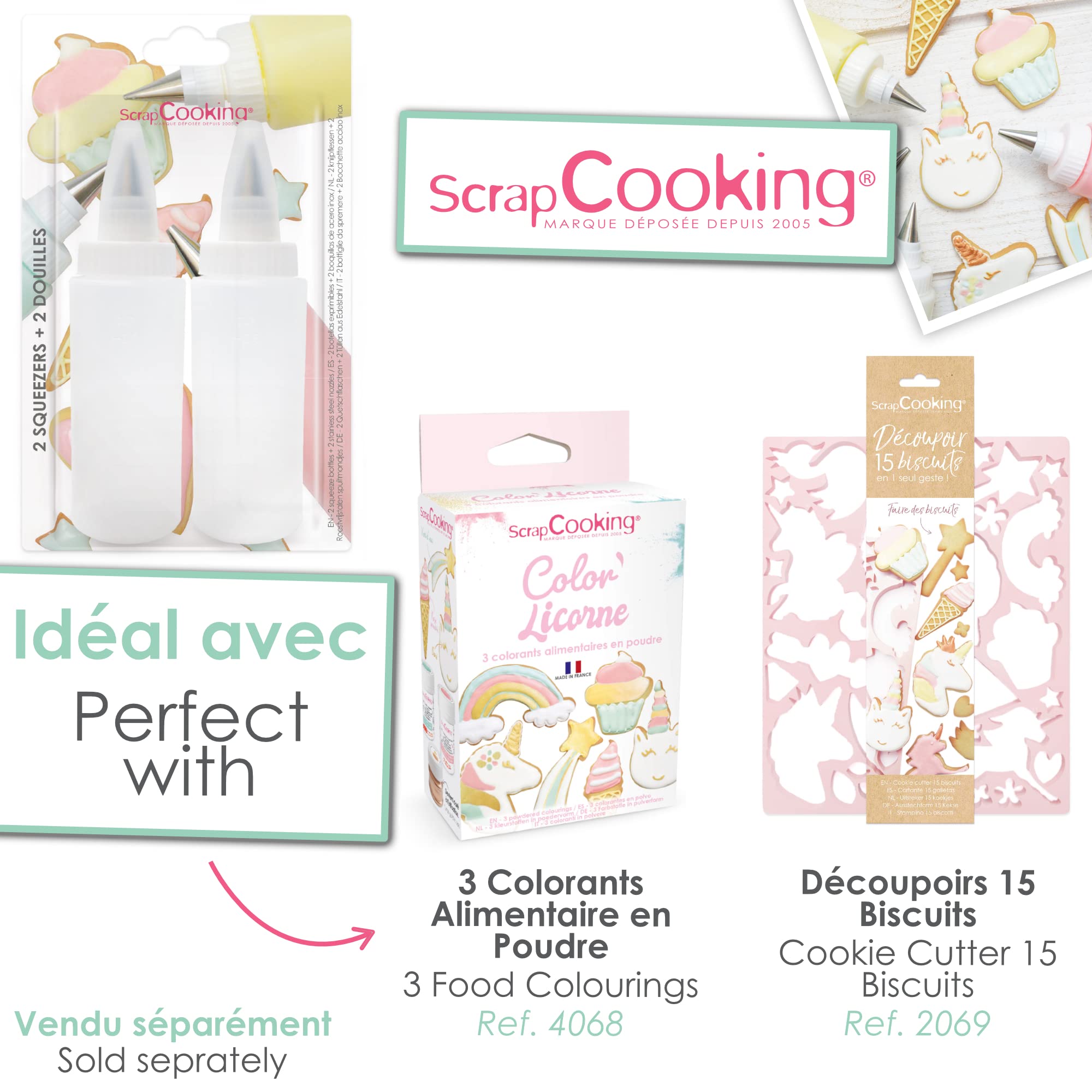 ScrapCooking - Zestaw 2 butelek do squeezerów + nasadki 185 ml - Do lodów ciast, ciasteczek, piaskowania, deserów - sosów czekoladowych - Elastyczne tworzywo spożywcze - Butelka kuchenna - 5165