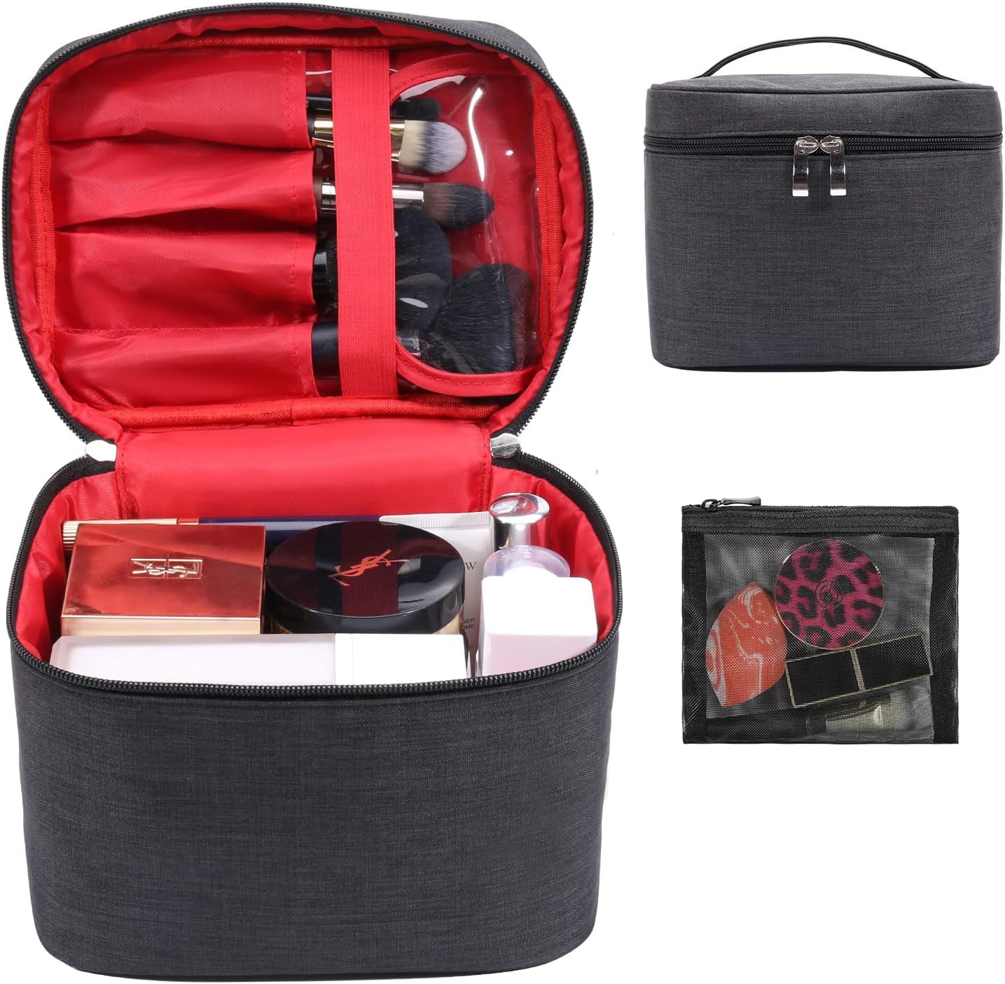 Makeup Bag Travel Makeup Cosmetic Bag Case Organizer Makeup Pouch with Mesh Bag Makeup Brush Holder Bag Toiletry Bags for Women – Black