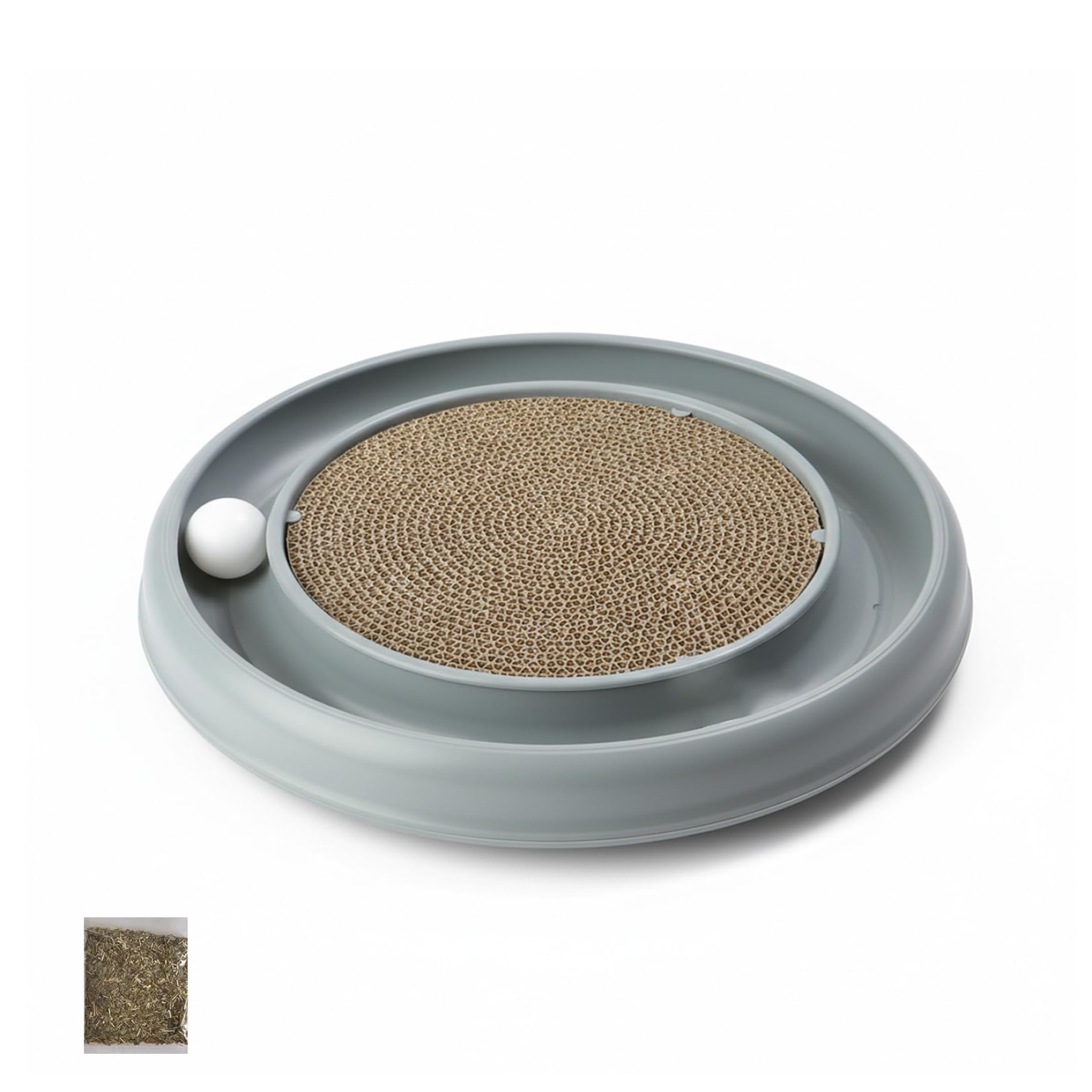 Griffoir rond pour chat tapis en carton gris et circuit de balles