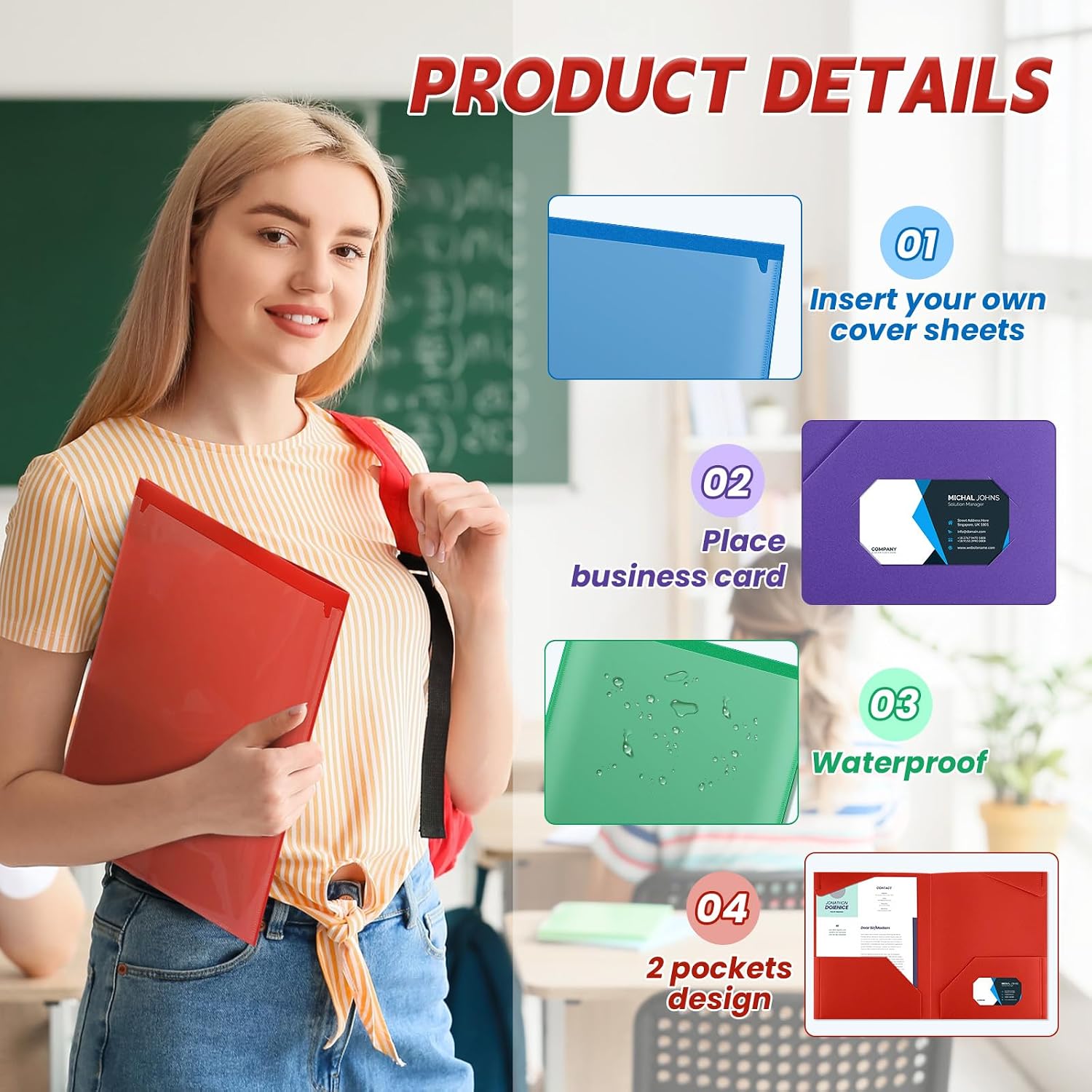 Henoyso 12 Pack Colorful Plastic Folders with Clear Front Pockets Heavy Duty File Folders with 2 Pockets and Card Slot for Student Communication School Office Presentation Report