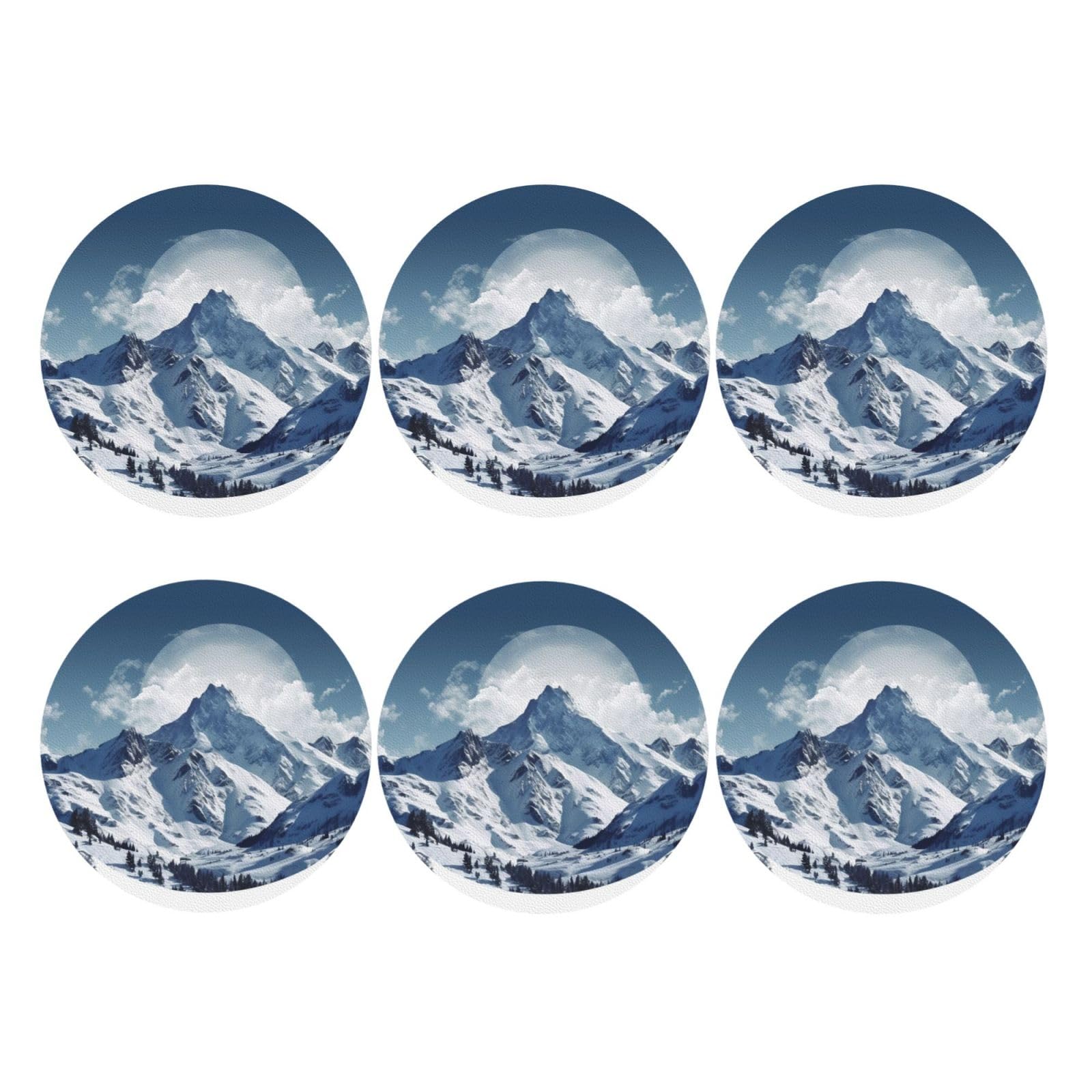 6pcs Leather Coasters for Drinks, Snow Mountain Drink Coasters for Tabletop Protection, 4" Cup Coasters for Coffee Table Decor, Non-Slip Drinking Cup Mat for Hot Or Cold Drink
