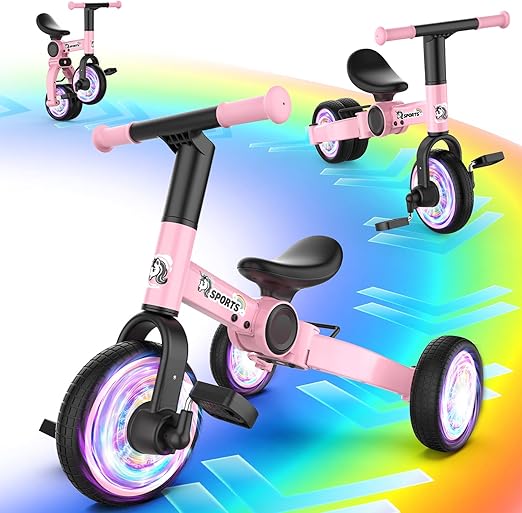3 in 1 Toddler Balance Bike for 1-4 Year Olds, Colorful Lighting Baby Toddler Tricycle for 1 2 3 4 Year Old with Removable Pedals, Kids Bicycle Toy for Boys Girls Balance Training, Birthday Gift