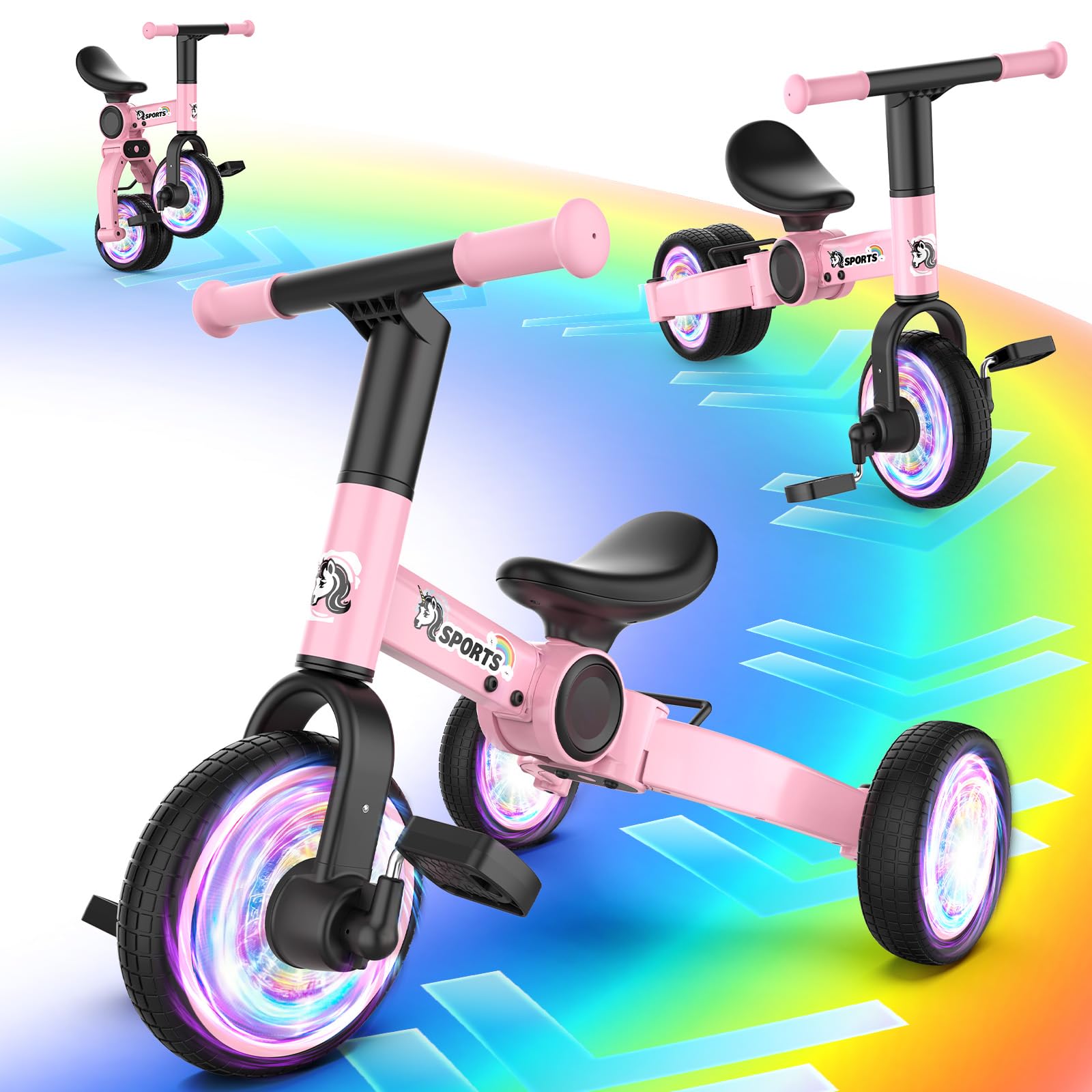 Photo 1 of 3 in 1 Toddler Balance Bike for 1-4 Year Olds, Colorful Lighting Baby Toddler Tricycle for 1 2 3 4 Year Old with Removable Pedals, Kids Bicycle Toy for Boys Girls Balance Training, Birthday Gift