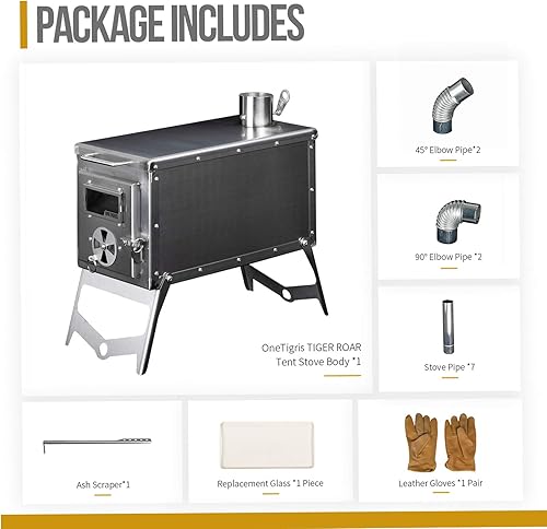 Miniatura 5 de OneTigris Estufa de tienda de campaña Tiger Roar, quemador de leña portátil para campamento de invierno, caza y cocina al aire libre, tubos incluidos