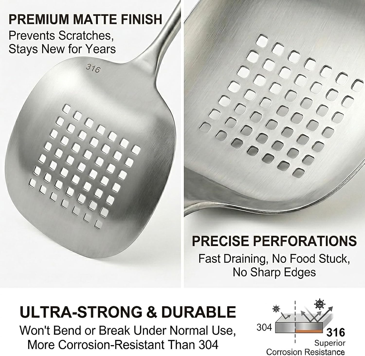 316 Stainless Steel Skimmer Spoon,17.1" Extra Long Slotted Spoon for Frying,One-Piece Ergonomic Cooking Skimmer with Cool-Touch Hollow Handle,Heavy Duty Kitchen Strainer for Pasta,Wok