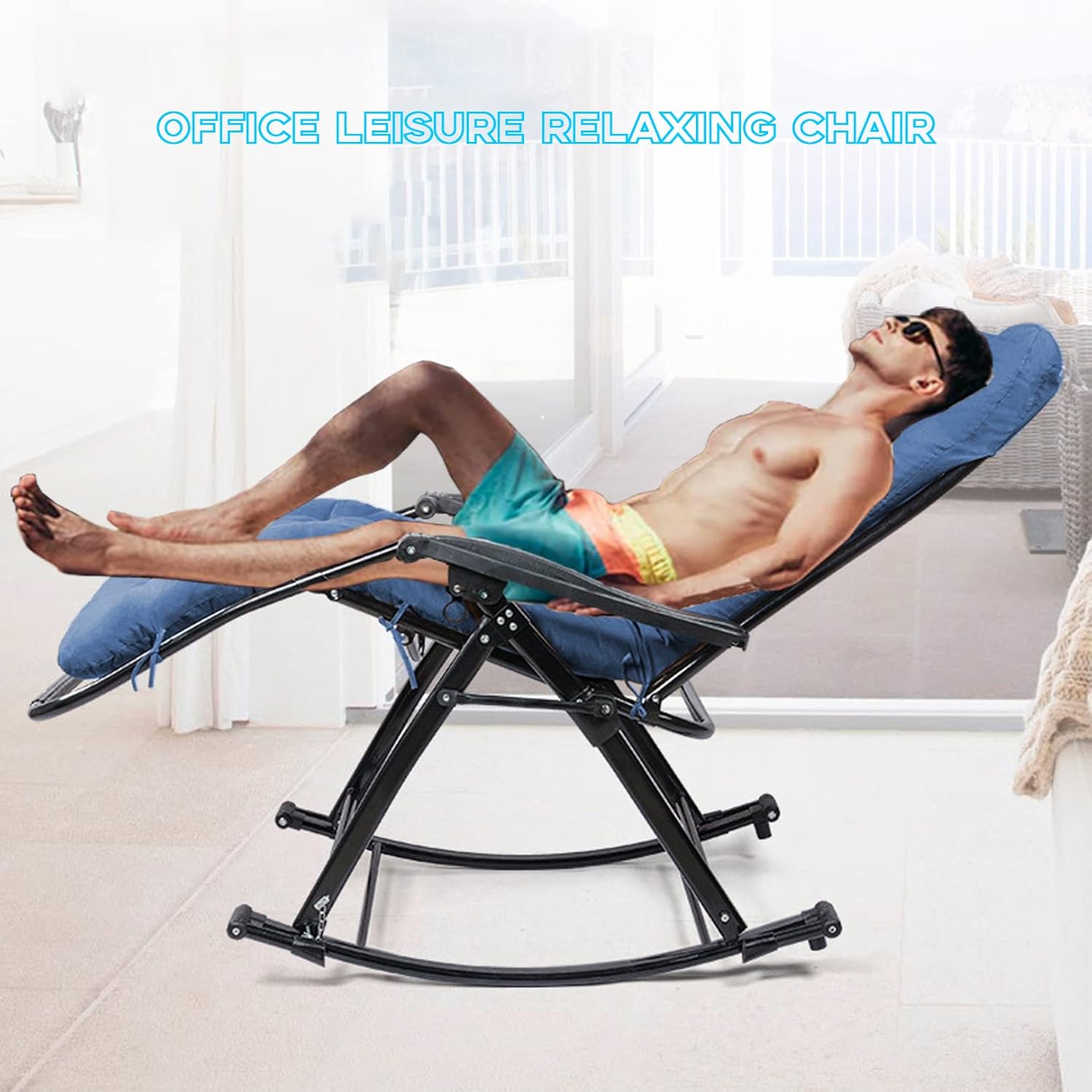 Rocking Outdoor Lounger Chair Chaise Lounge Zero Gravity Rocker,Portable Folding Zero Gravity Rocking Camping Chair with Removable Cushion Reclining Lounge Chair for Patio Garden Lawn Blue