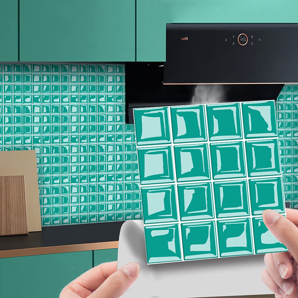 Hiseng 30pcs Wall Tile Stickers, Hiser Square Retro Marble Mosaic Style Waterproof Decals Sticker for Kitchen Living Room Bathroom Home Floor DIY Decor Self-Adhesive (turquoise,20x20cm)