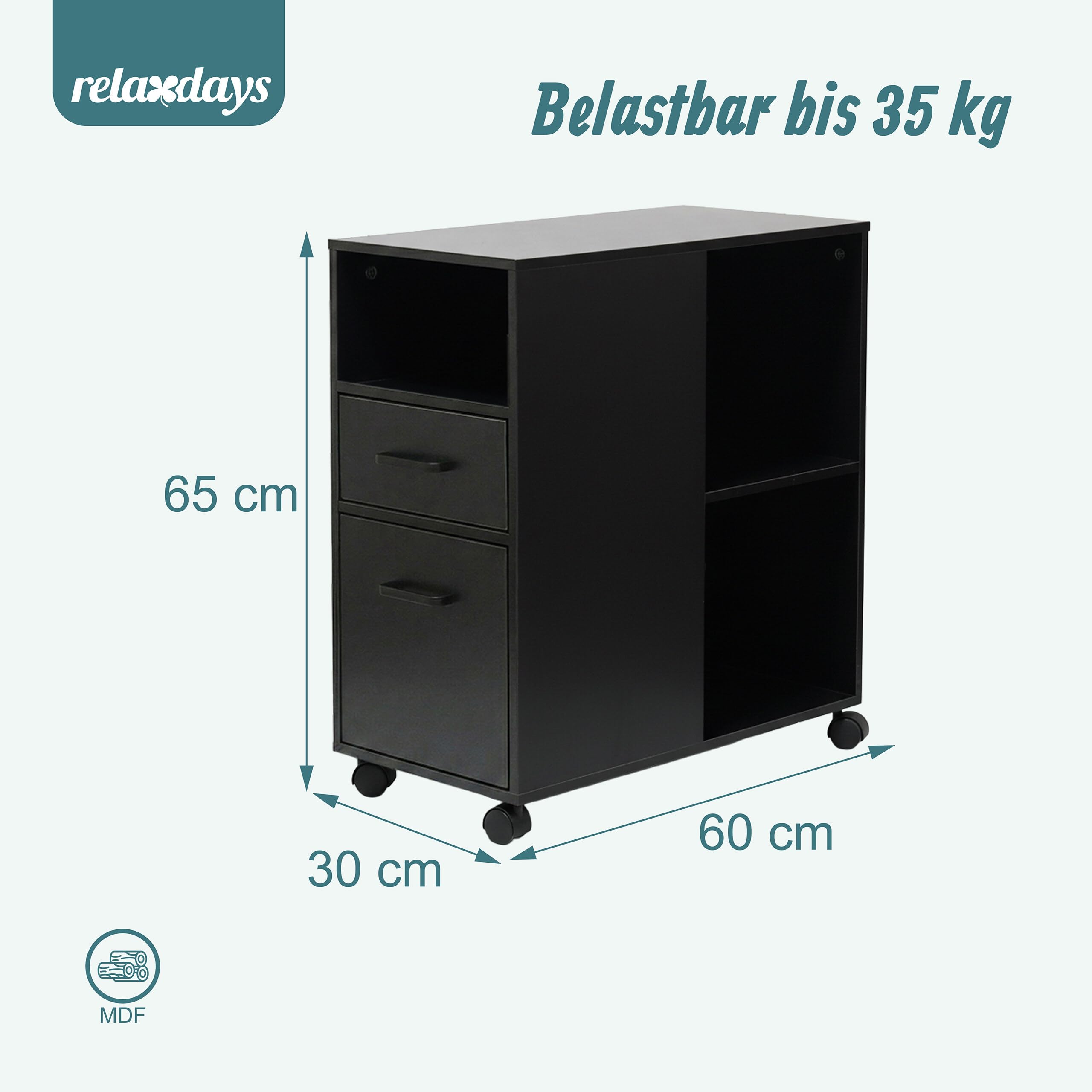 Relaxdays Rollcontainer, 2 Schubladen, 3 Fächer, HxBxT: 65 x 30 x 60 cm, MDF, Büro Unterschrank, Aktenschrank, schwarz