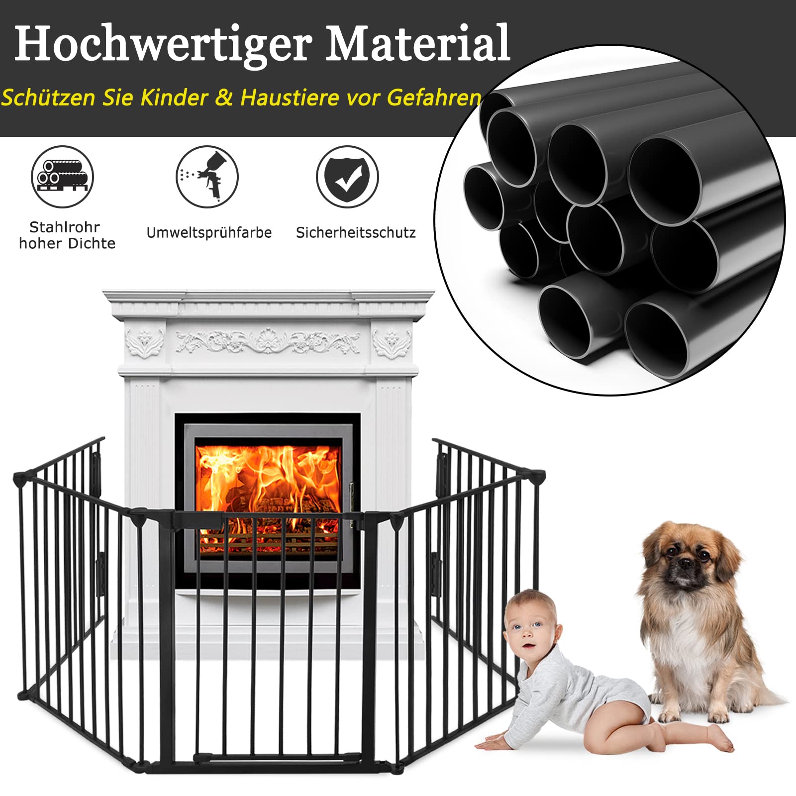 YRHome Rejilla de protección para chimenea plegable de metal con puerta, 300 cm de longitud total, 75 cm de altura, color negro, incluye 5 elementos para seguridad infantil