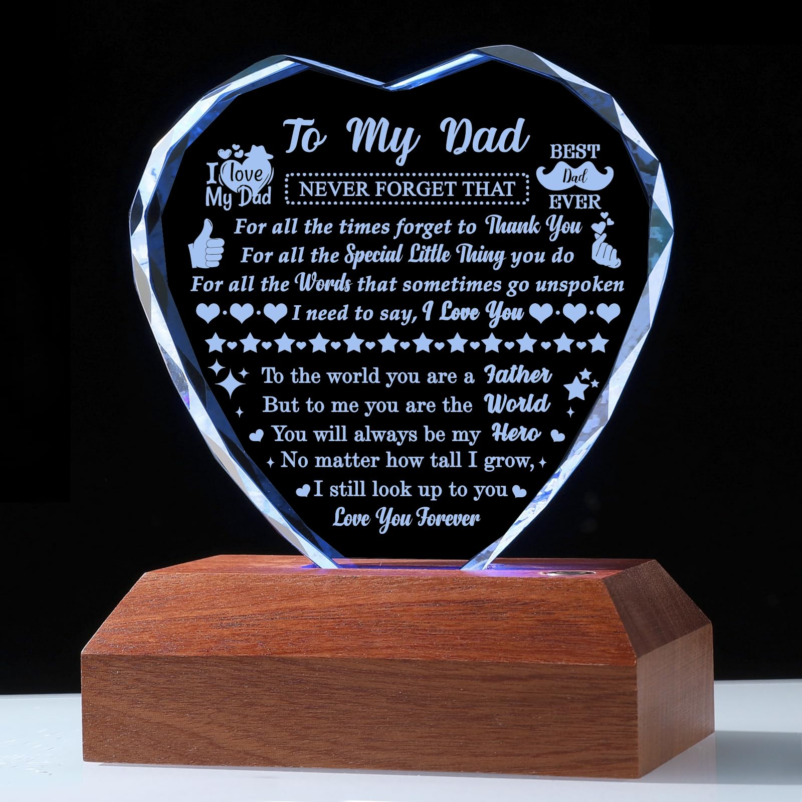 Regalo per papà da figlia figlio, regalo di compleanno per papà che non vuole niente, cuore in vetro laser regalo per festa del papà, Natale, San Valentino
