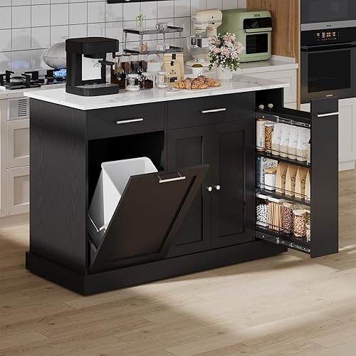 4 EVER WINNER Rolling Kitchen Island Cart with Storage, Kitchen Island on Wheels with Trash Can Storage, Island Table for Kitchen with Spice Rack & Towel Rack, Black