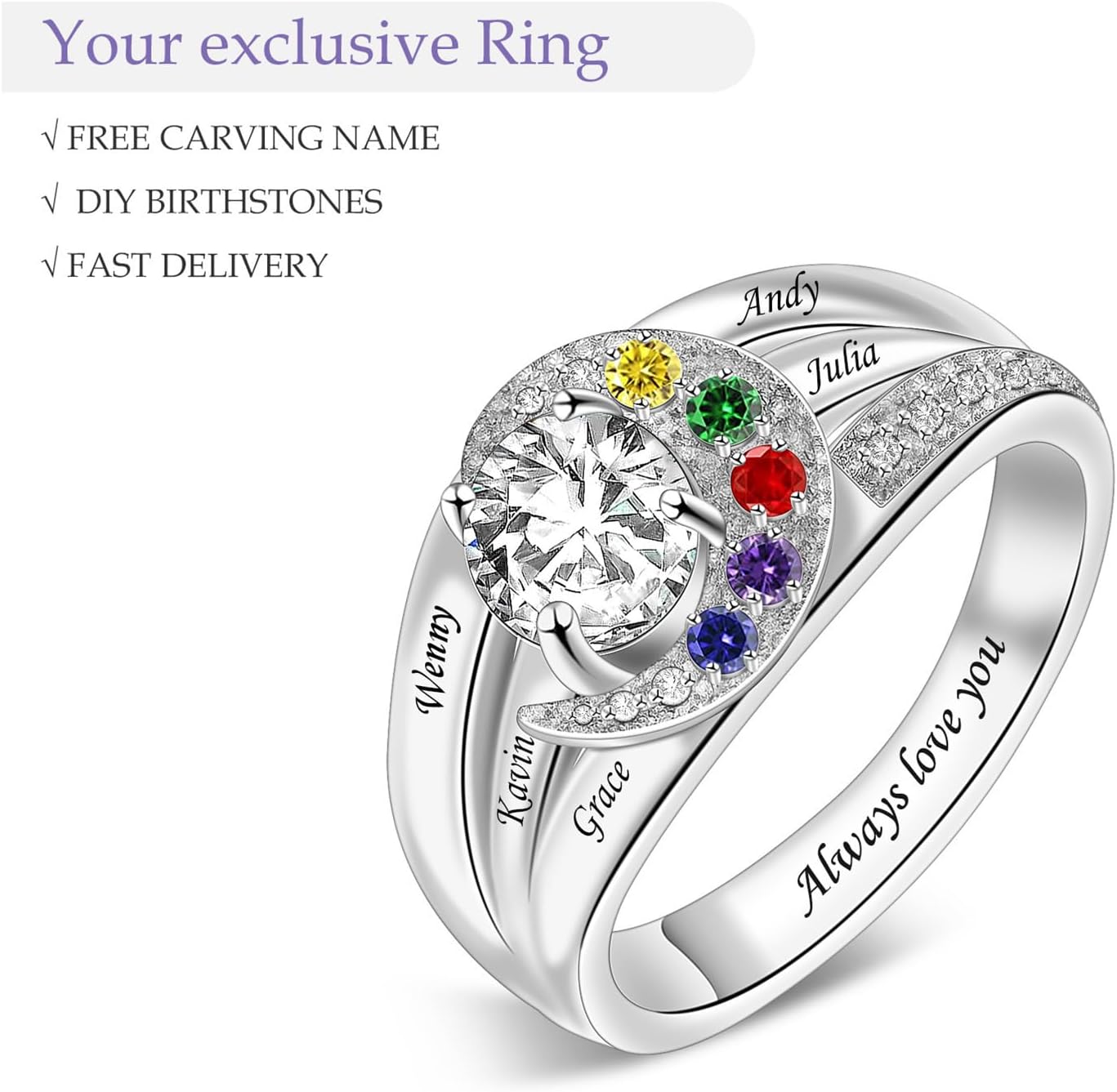 MissNaNa Birthstones Rings for Mothers Personalized Simulated Birthstones & Family Names Rings Promise Rings Sterling Silver Ring for Her Women Mom Mothers Grandma