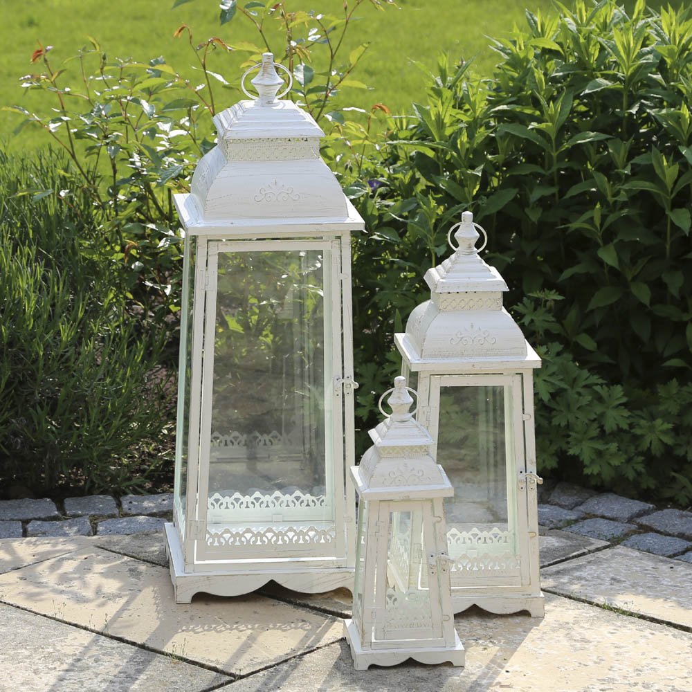 Laterne Lugano Creme weiß antik aus Metall Ornament verziert - Gross