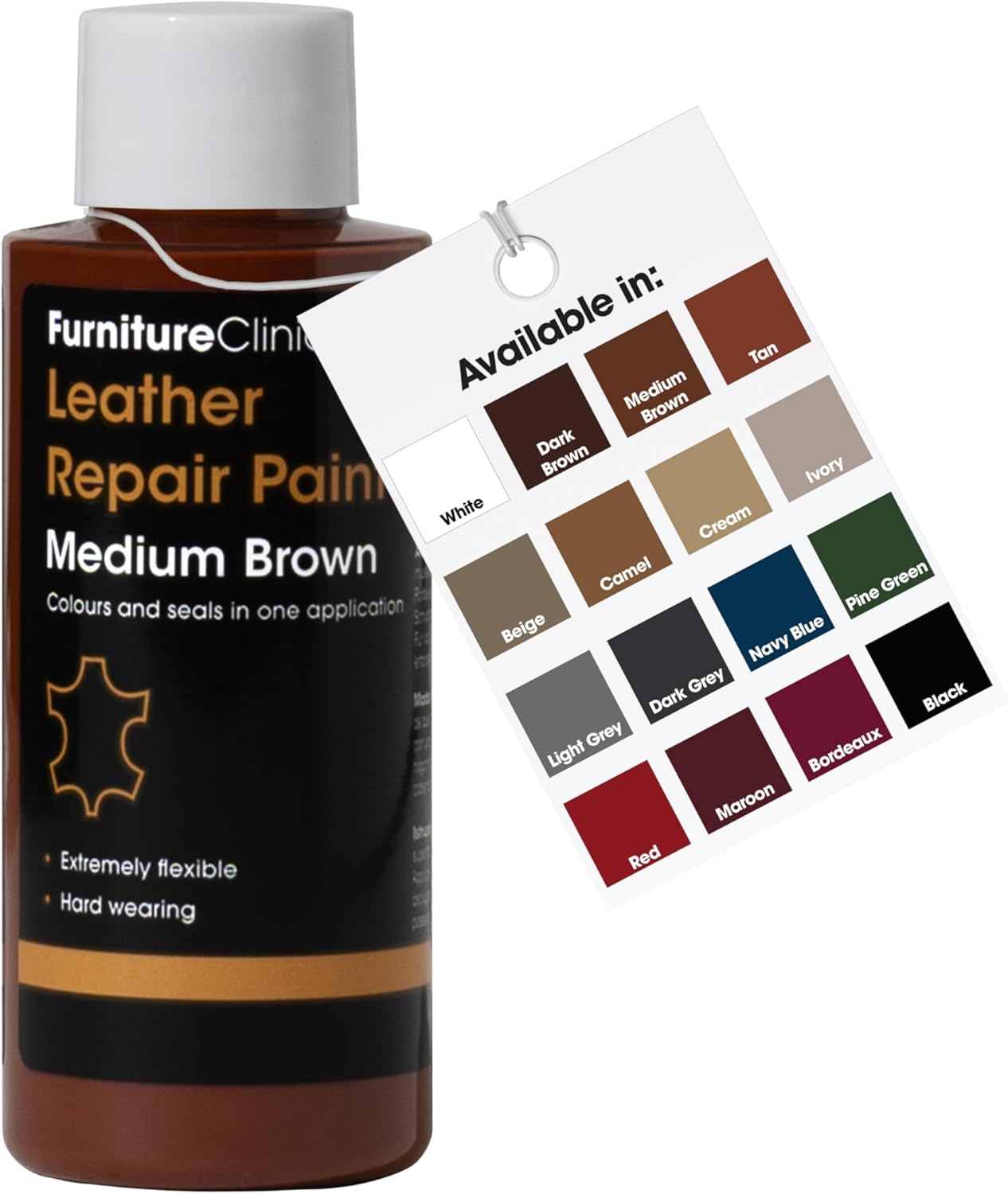 Furniture Clinic Leather Repair Paint | 2-in-1 Seal and Color | Use on Scratches, Tears, and Holes in Car Seats, Furniture | Quick and Easy Leather Repair Kit for Furniture (Medium Brown, 50ml/1.7oz)