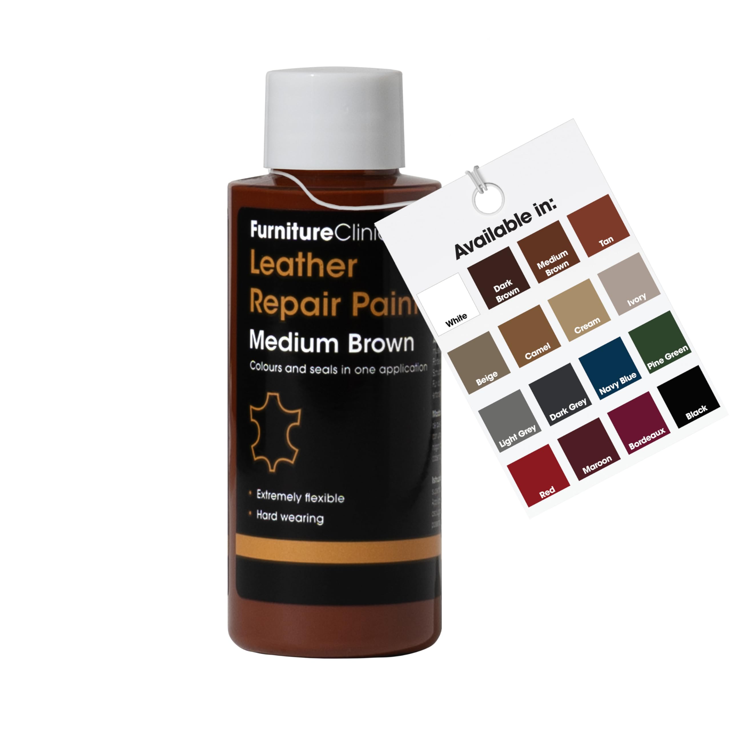 Furniture Clinic Leather Repair Paint | 2-in-1 Seal and Color | Use on Scratches, Tears, and Holes in Car Seats, Furniture | Quick and Easy Leather Repair Kit for Furniture (Medium Brown, 50ml/1.7oz)
