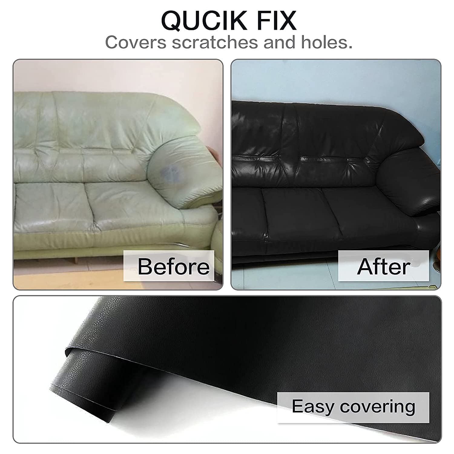 Leather Repair Patch Tape, 17.5x60 Inch Large Self-Adhesive Leather Repair kit, DIY Leather Patches for Couches, Furniture, Sofa, Shoes, Down Jackets, Drivers Seat, Handbags, Car Seats - Black
