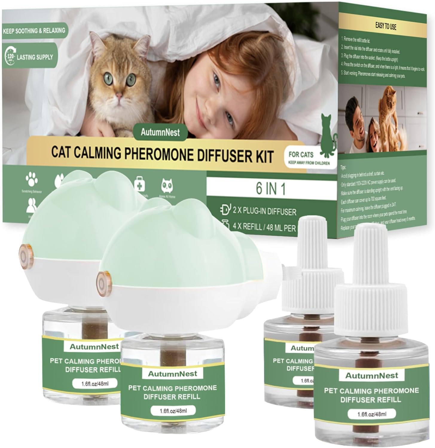 Calming Cat Diffuser Kit: 2 Plugins, 4 Refills, 120-Day Supply