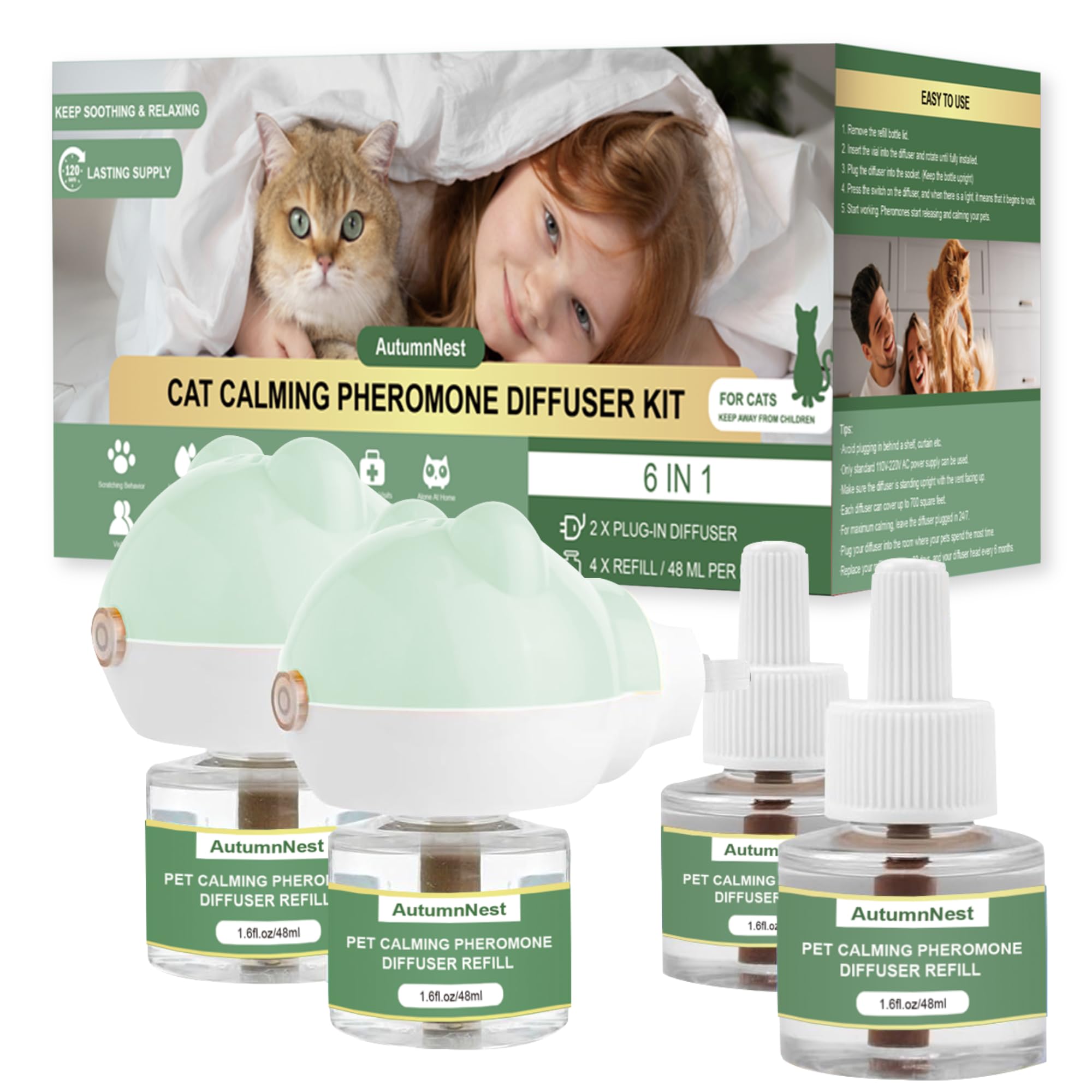 Cat Calming Diffuser Kit with 2 Plug-in & 4 Refills, Pheromone Diffuser for Cats Reducing Fighting, Scratching, Urine, Aggression, Anxiety, Fireworks, Vet Visits, Travel, 120 Day Supply, Safe Formula