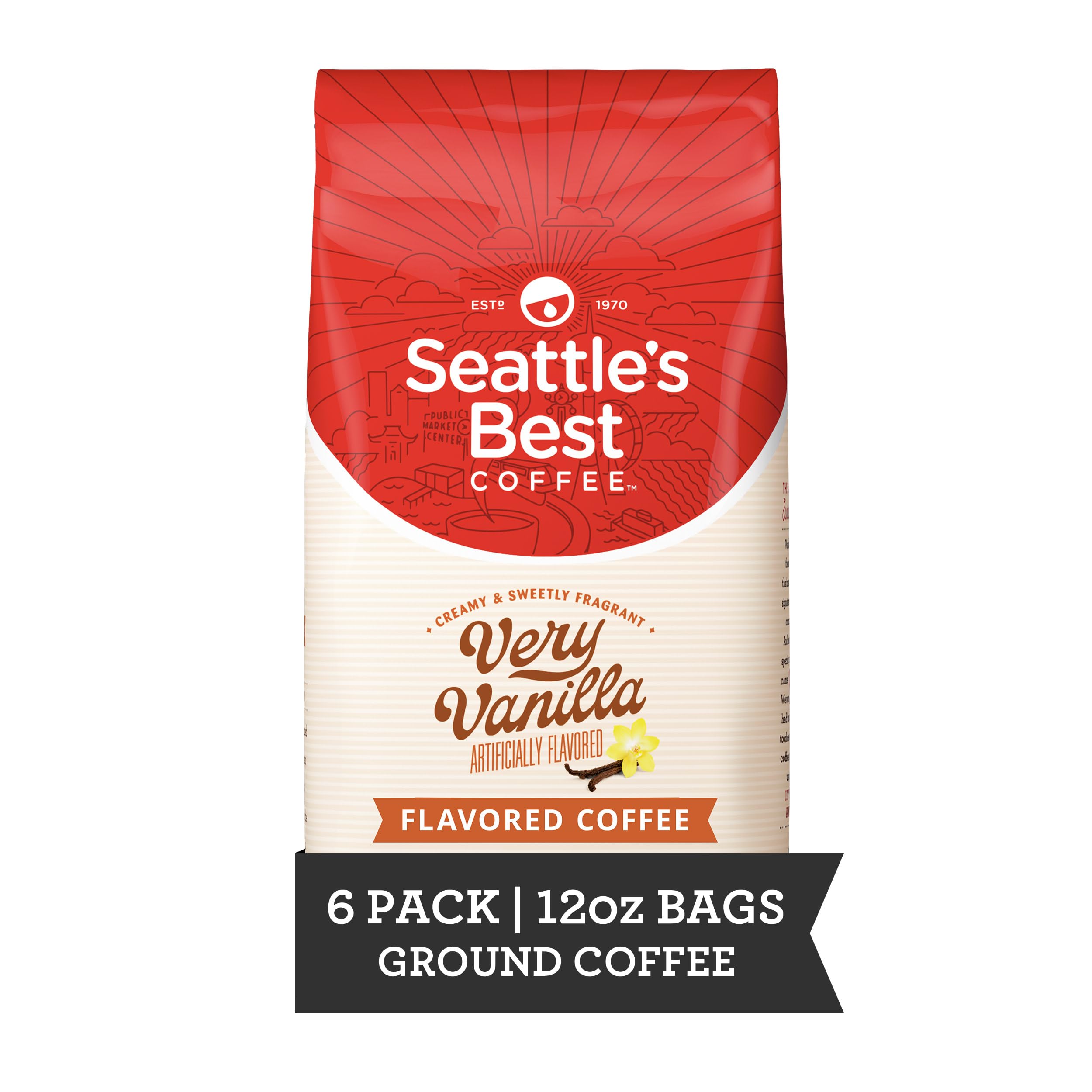 Seattle's Best Coffee Very Vanilla Flavored Medium Roast Ground Coffee | 12 Ounce Bags (Pack of 6)