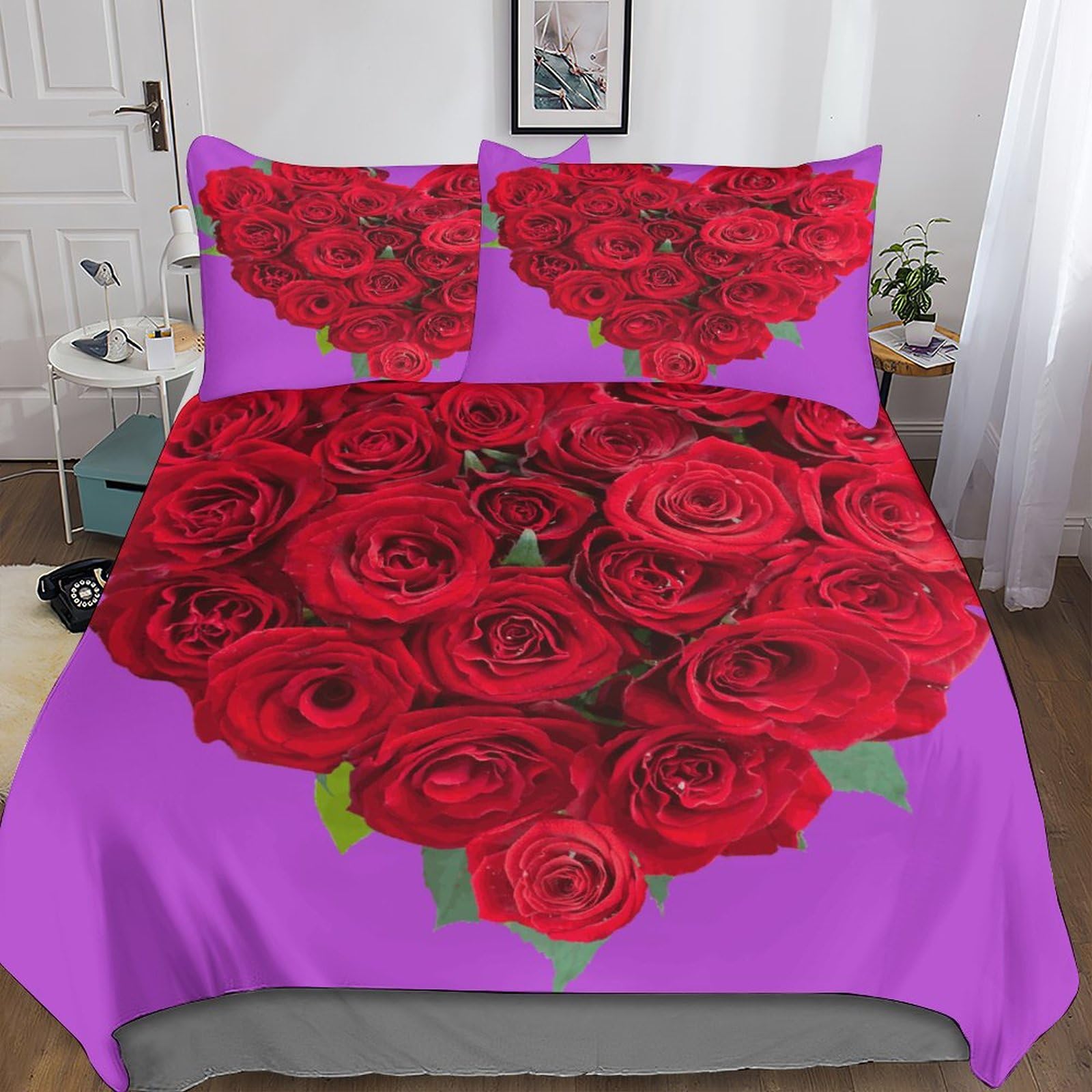 Parure de lit double motif rose rouge housse de couette microfibre 3D