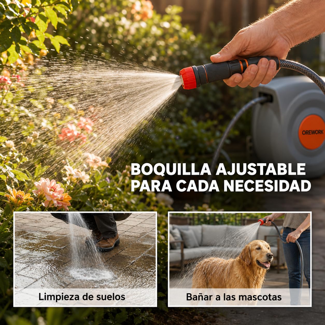OREWORK Enrollador Automático de Manguera, 20 m, Diámetro 12 mm, con Muelle Retráctil, Soporte de Pared, Lanza de Riego