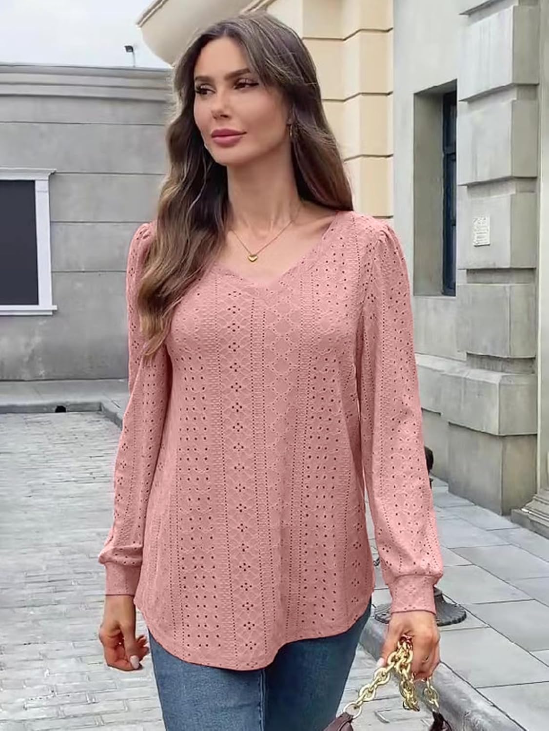 Women’s Casual Long Sleeve Shirts V Neck Hollow Out Top Loose Fit Blouses Fall Winter - Image 5