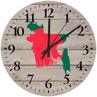 National Flag Bangladesh Outline Clock Wood 10 Inch, Country Outline Kitchen Wall Clock Battery-Powered with Quartz Movement Round Arabic Numbers Clock for Home Office School