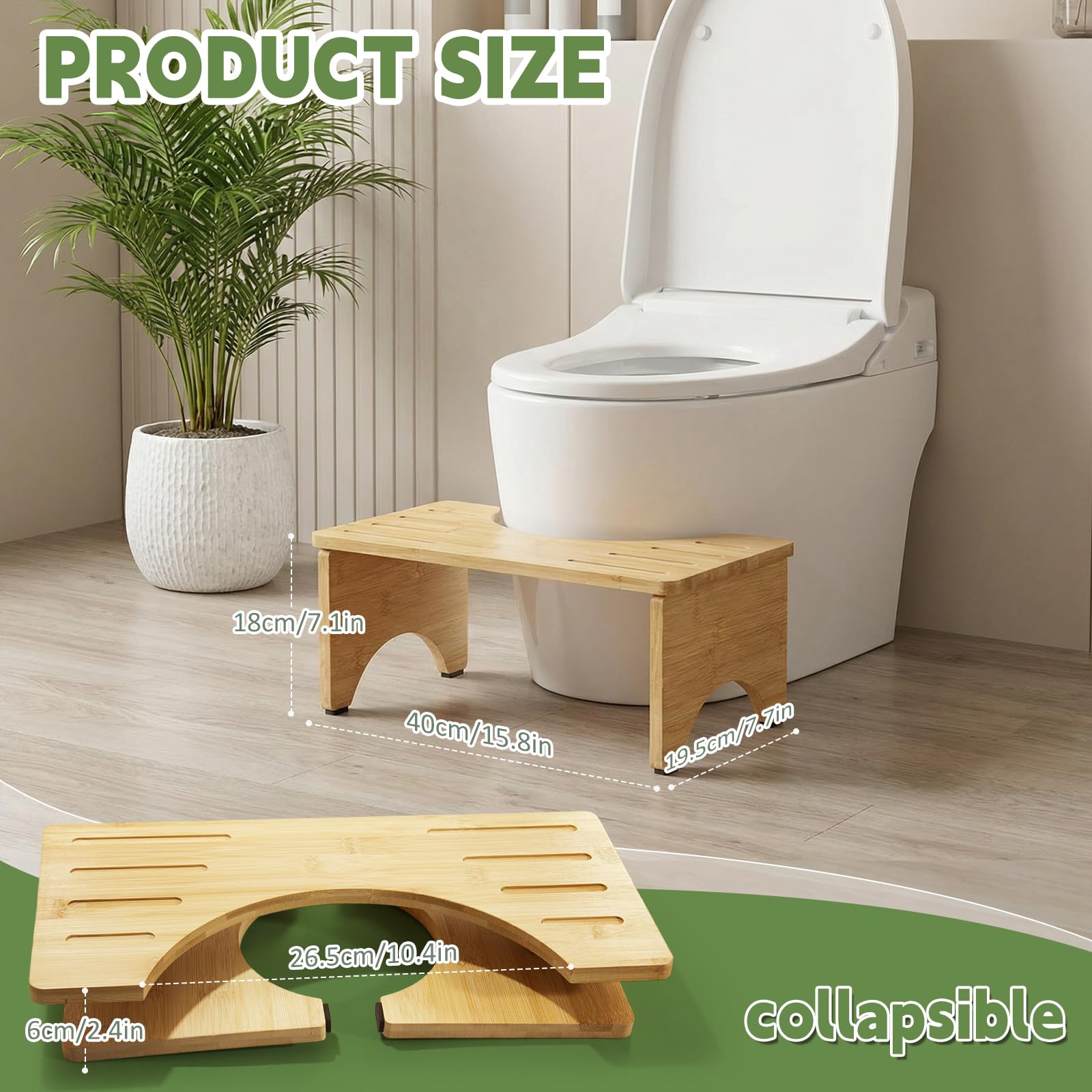 Taburete de inodoro de bambú plegable de 7.8 pulgadas | Taburete de baño antideslizante para adultos, niños y personas mayores | Taburete para orinal en cuclillas para aliviar el estreñimiento |