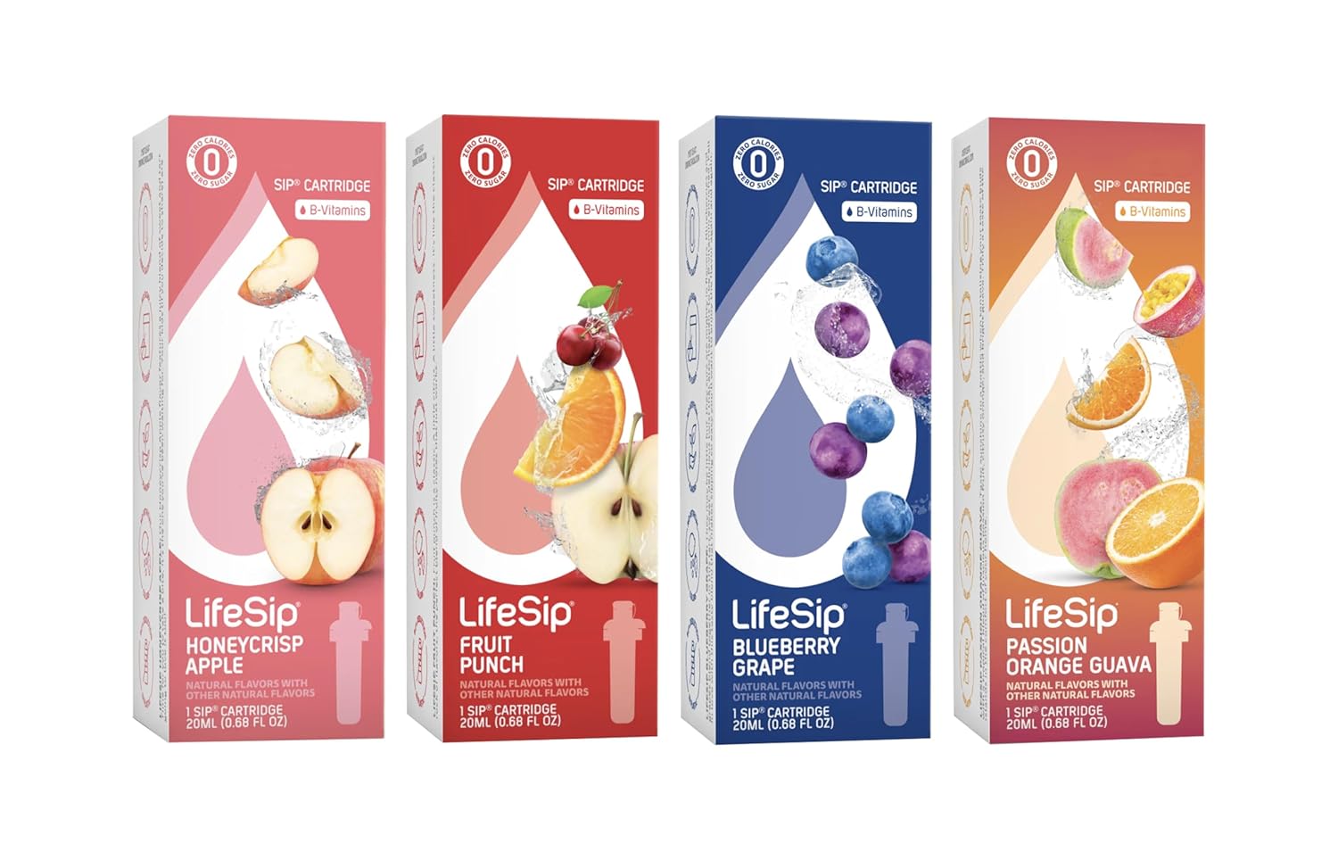 4 Pack Flavor Cartridge Refills, Life Sip Sampler - 1 Honeycrisp Apple, 1 Fruit Punch, 1 Blueberry Grape, 1 Passion Orange Guava