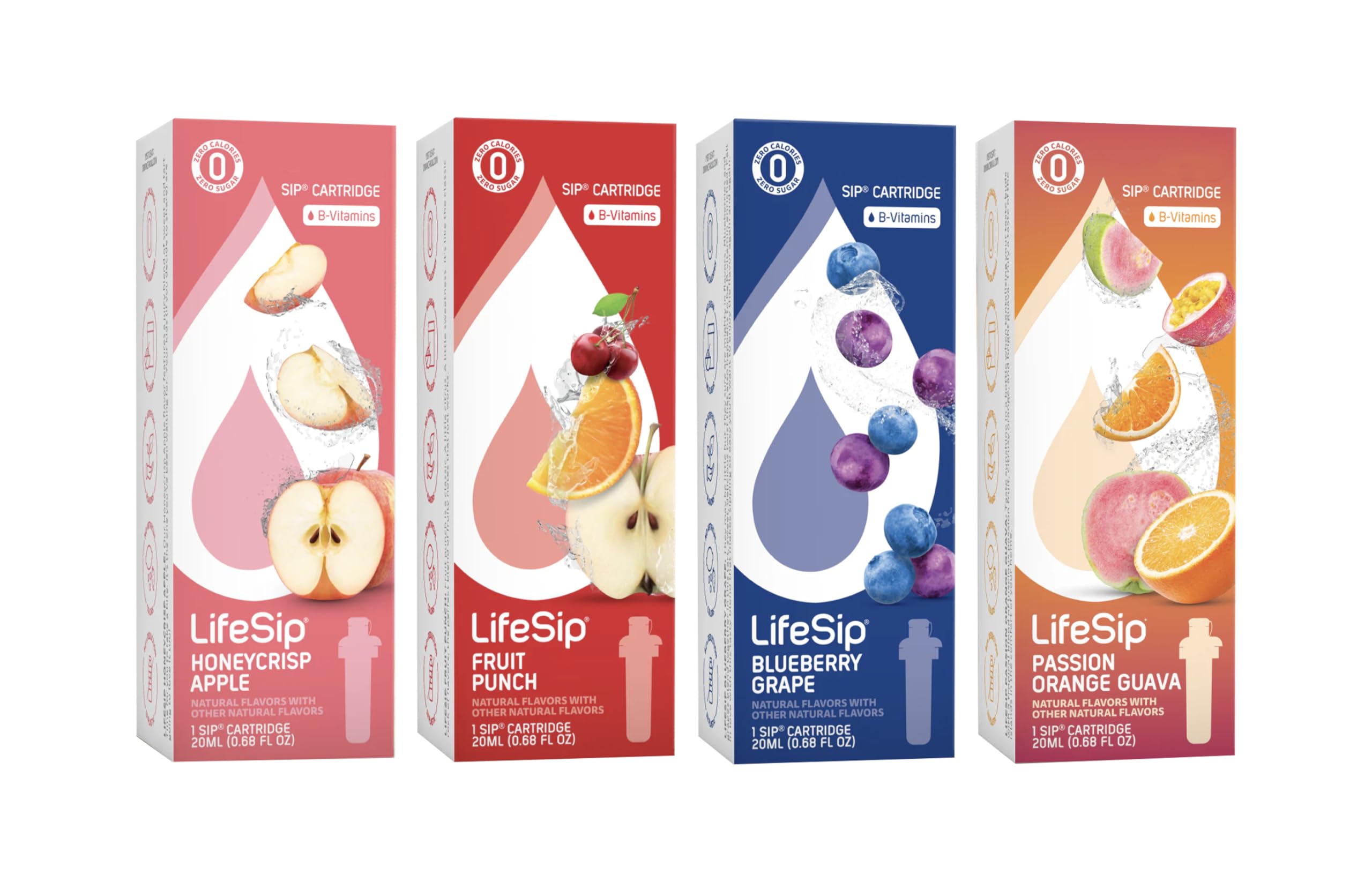 4 Pack Flavor Cartridge Refills, Life Sip Sampler - 1 Honeycrisp Apple, 1 Fruit Punch, 1 Blueberry Grape, 1 Passion Orange Guava