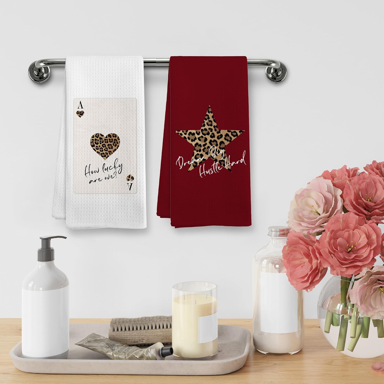 Trendy Leopard Cheetah Print Poker Lucky 8 Ball Bathroom Decor, Preppy Red Burgundy Maroon Decor Dish Hand Towels for Bathroom Kitchen Sets of 2, Cheetah Kitchen Towels and Dishcloths,16x24in