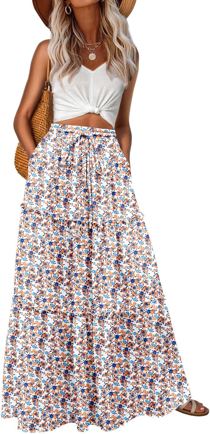 Lepunuo Womens Casual Boho High Waisted Flowy Maxi Skirts Tiered Floral Long Skirts with Pockets for Summer Beach Vacation