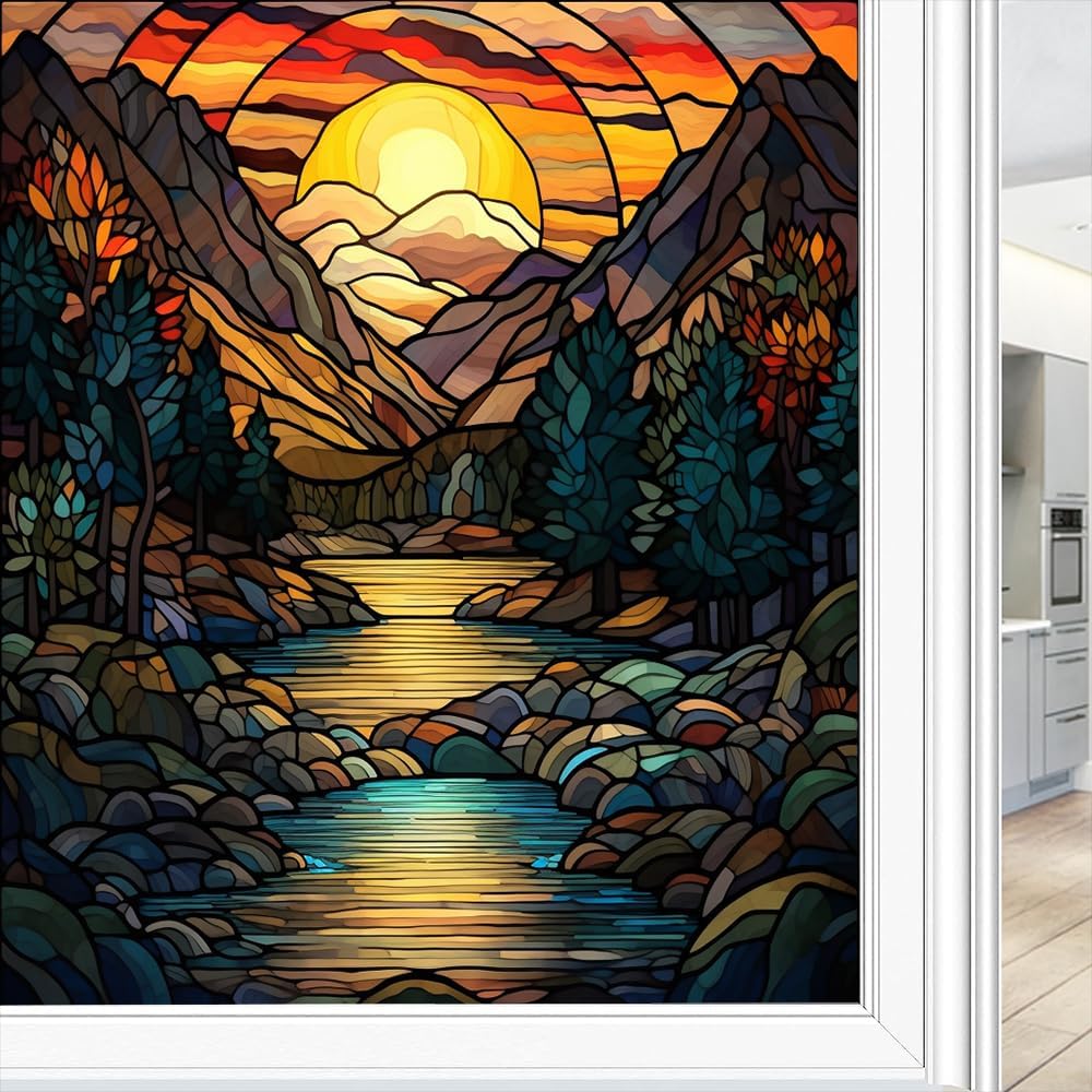 Beautiful Mountain Forest Frosted Stained Glass Window Film Abstract Sunset Nature River Landscape Privacy Window Film Self-Adhesive Glass Sticker for Home Office Decorative 35.4Wx63L inch