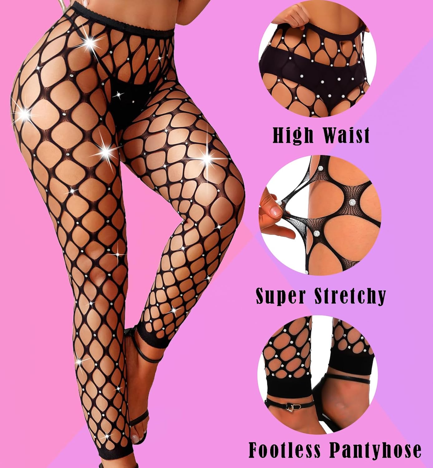 Women's High Waist Sparkle Rhinestone Tights Footless Fishnet Stockings Sexy Big Mesh Lingerie Pants - Image 3