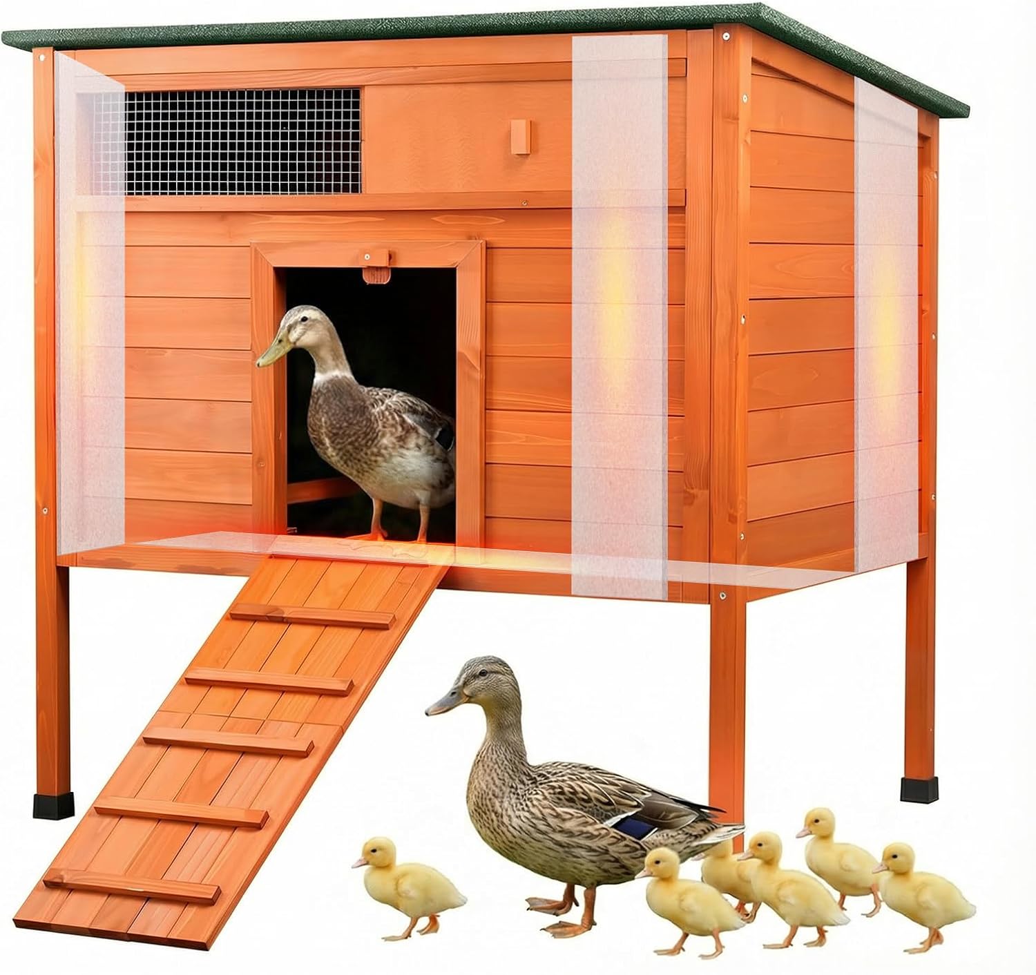 Insulated Duck Coop Warm Duck House for Outside Wooden Duck House with Larger Windows, Chicken coop with Perches, Ramp, Openable Roof