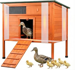 Insulated Duck Coop Warm Duck House for Outside Wooden Duck House with Larger Windows, Chicken coop with Perches, Ramp, Openable Roof