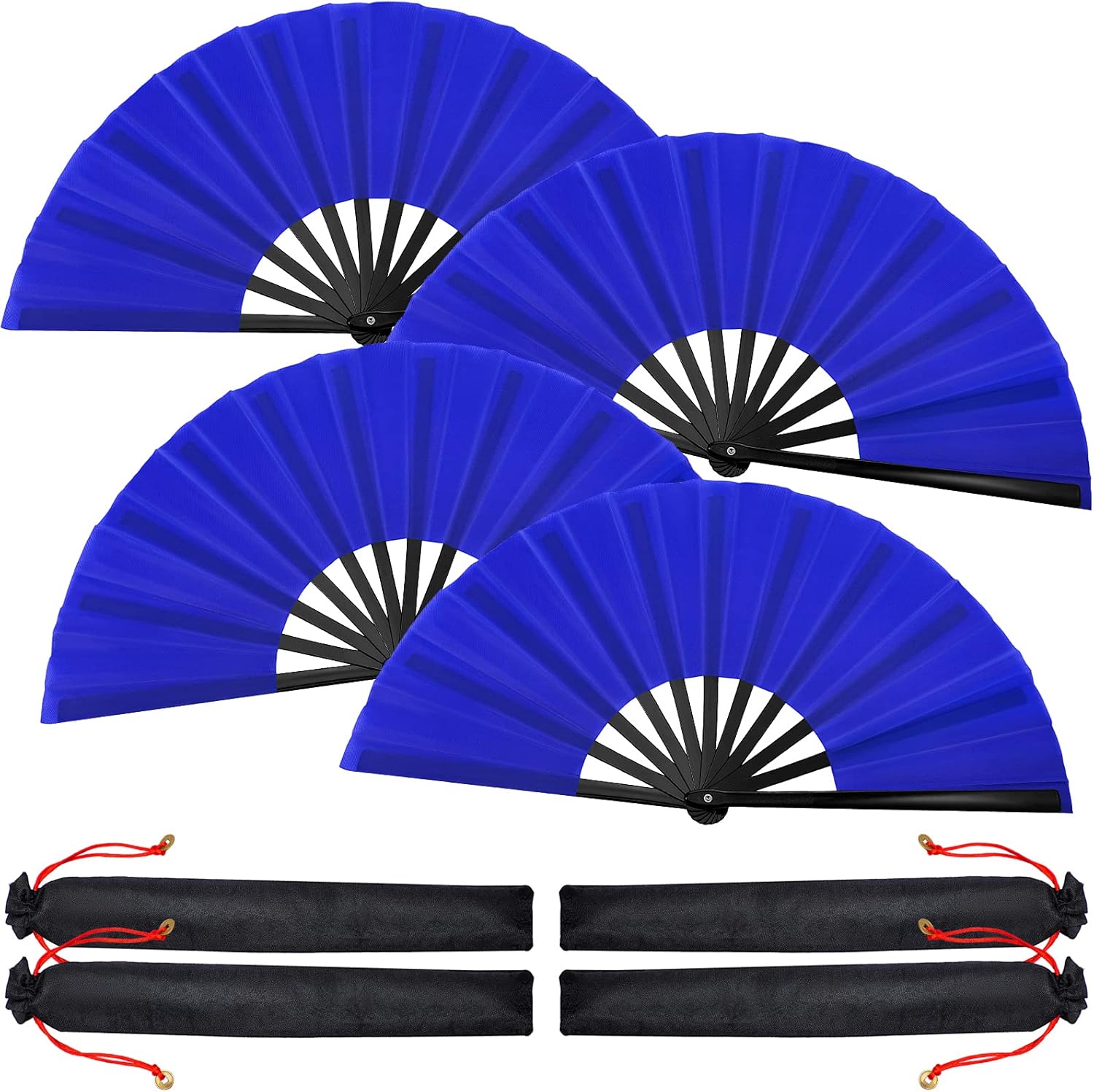 Blulu 4 Pcs Large Folding Fans Bulk with 4 Fan Sleeves, Chinese Kung Fu Hand Clack Rave Fans for Line Dancing, Festival, Party Decor and Performance(Classic Style,Royal Blue,13 Inch)