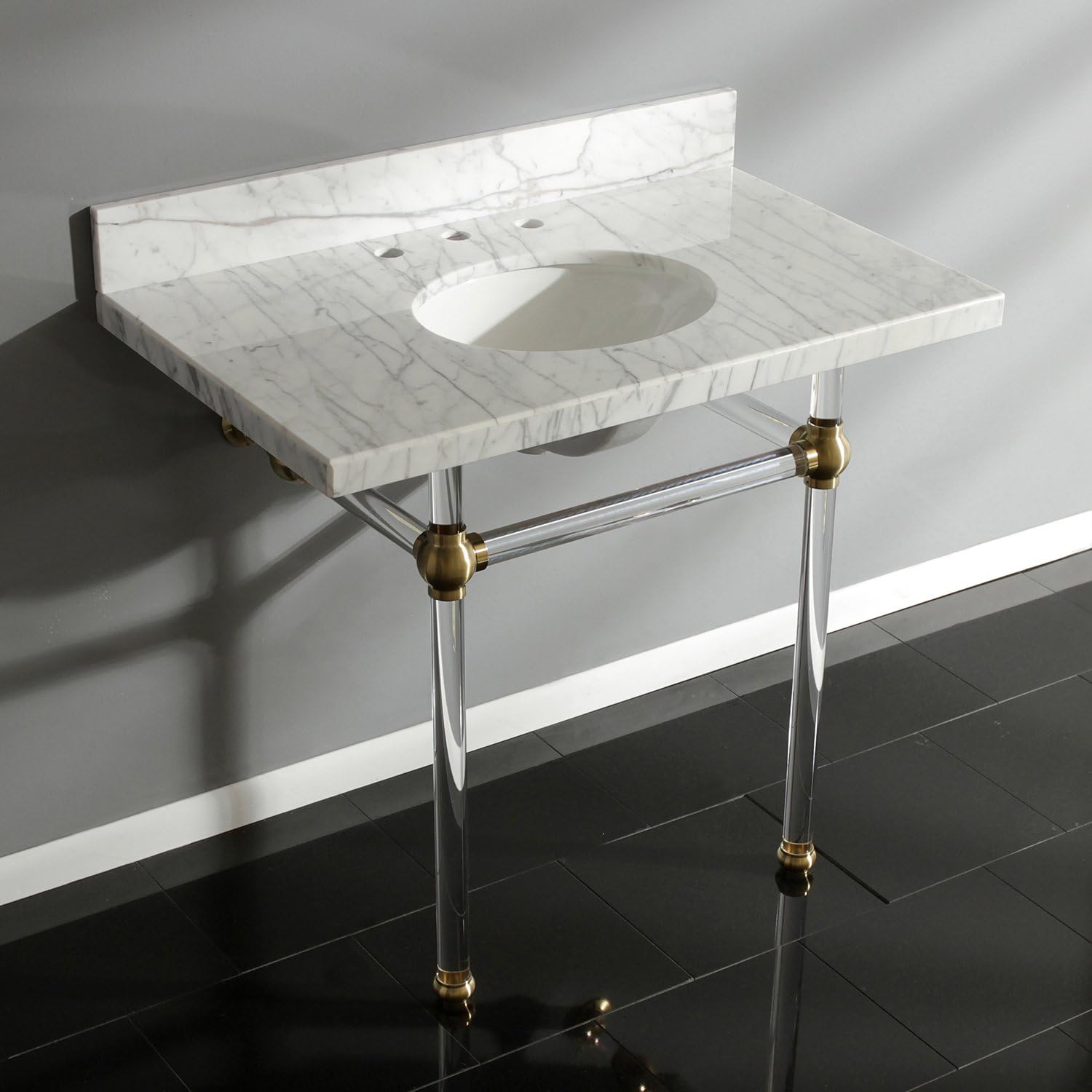 Fauceture KVPB3630MA7 Templeton Carrara Marble Bathroom Console Vanity with Acrylic Pedestal, Carrara Marble/Brushed Brass