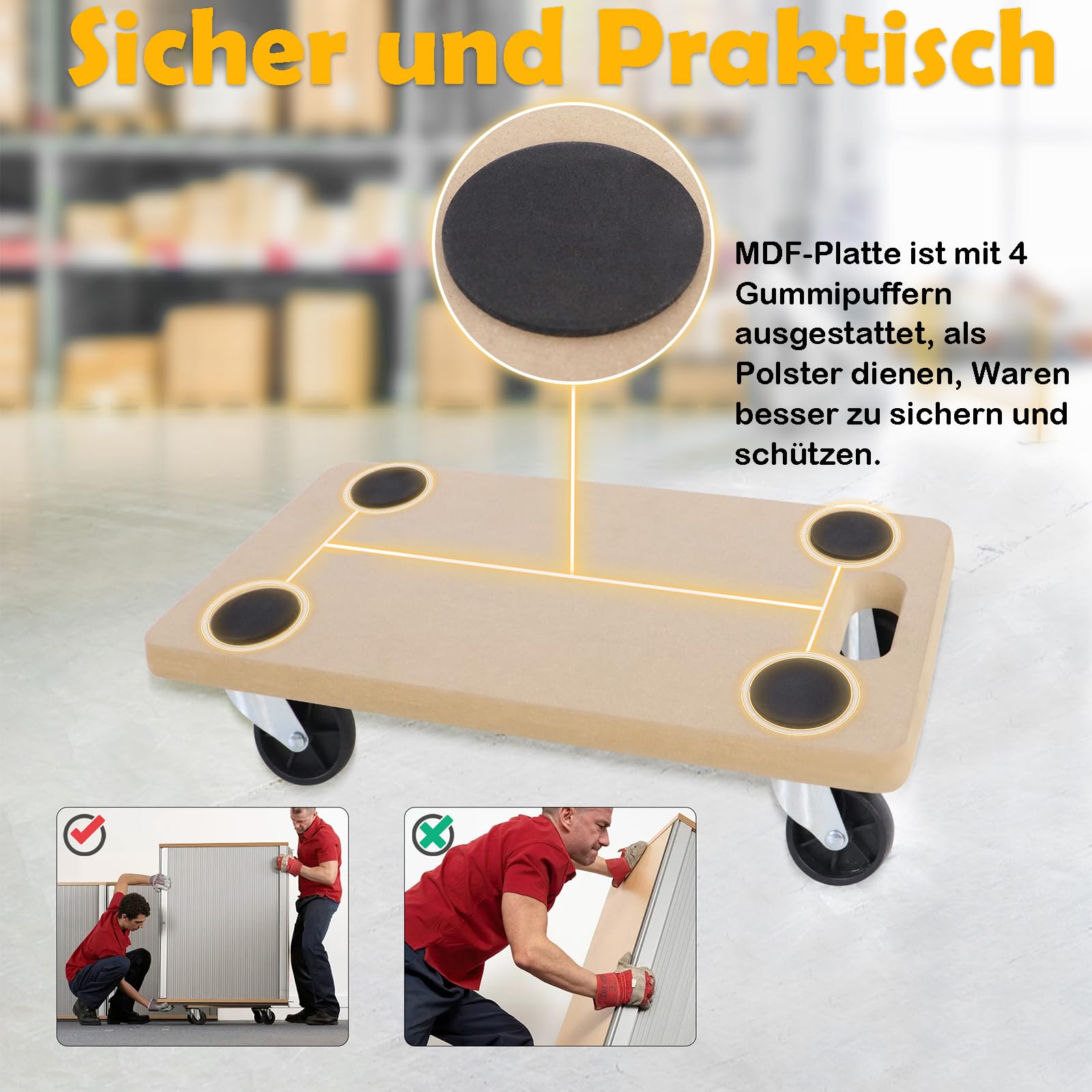 UISEBRT 4 Stück Transportroller 580 x 290 x 108mm Rollbretter Transport aus MDF-Platte Möbelroller Transporthilfe für Umzug Möbel-Transport - 200kg Tragkraft