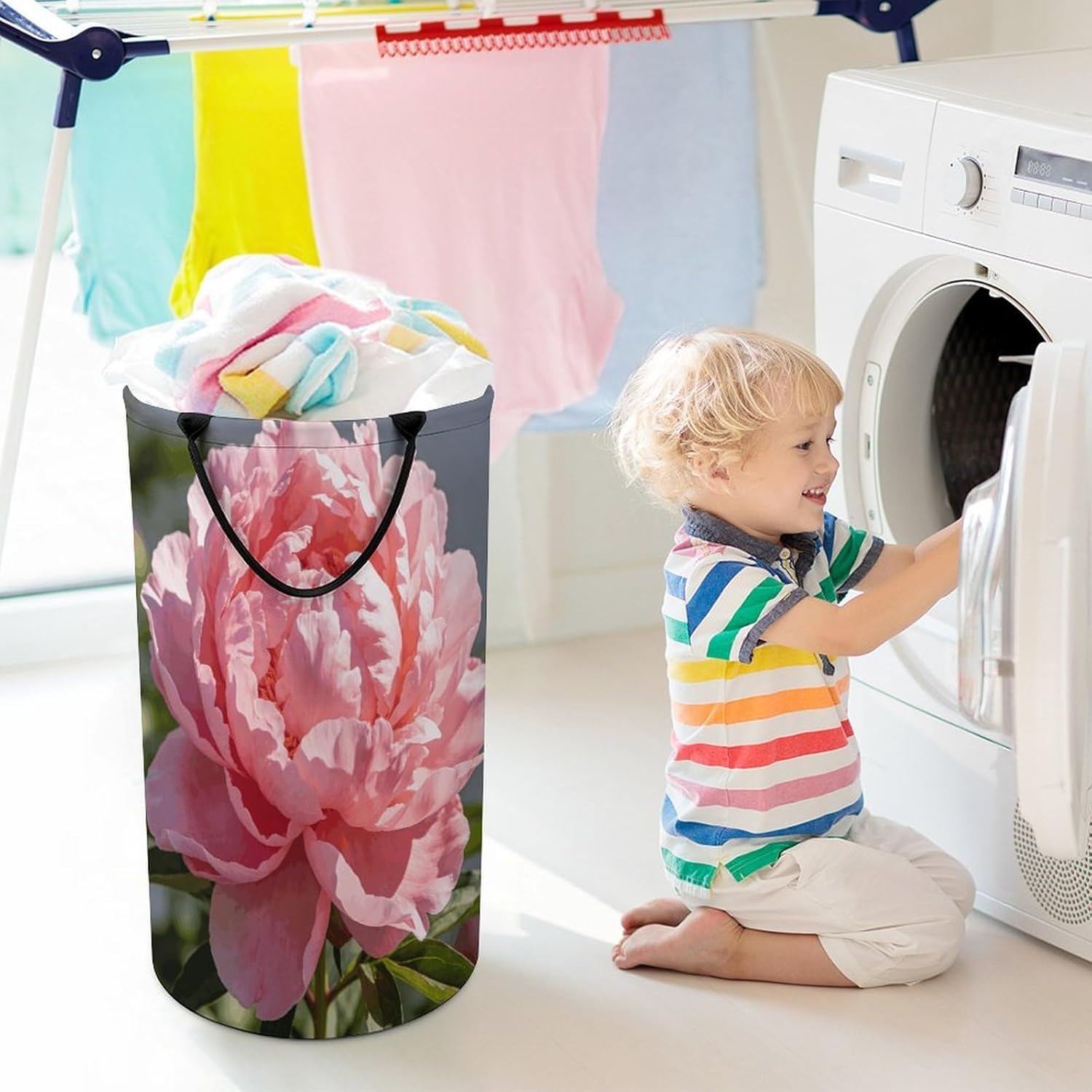 Pink Peony Laundry Hamper Portable Lightweight Clothes Hampers Fashion Dirty Laundry Storage Basket Large Capacity Foldable Clothes Baskets for Bathroom Bedroom