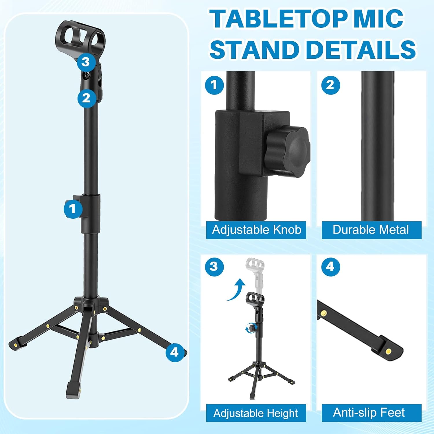 4 Set Desktop Mic Stand Portable Foldable Adjustable Tabletop Microphone Stand Microphone Tripod with Mic Clip, Storage Bag and 5/8" Male to 3/8" Female Screw(Stylish,10.63''-15.35'')