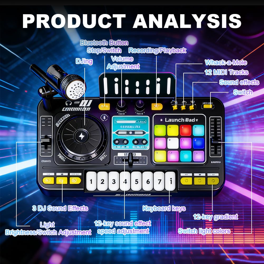 DJ mixer bambini 3-10 anni, controller DJ con microfono e luci LED, 100+ effetti sonori, tastiera piano, batteria, giocattolo regalo per principianti DJ ragazzi ragazze