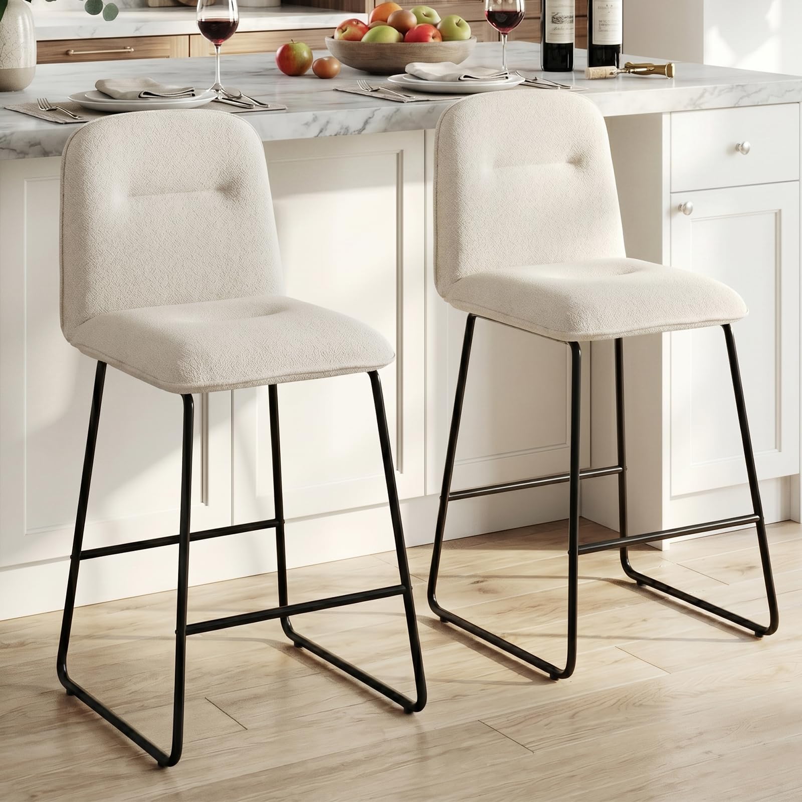 bar stools set of 2, 26" counter height bar stools with back, modern linen fabric upholstered barstools with metal frame & footrest for kitchen island, home bar, beige