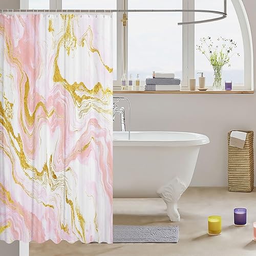 Miniatura 3 de Cortina de ducha de tela de mármol, cortinas de ducha preppy rosa pastel para baño, diseño abstracto de textura de mármol, decoración de 72 pulgadas
